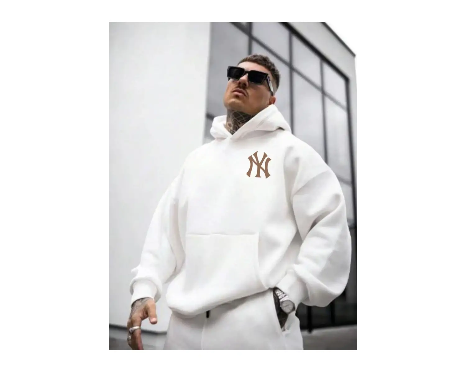 Erkek Beyaz Ön Arka NY Baskılı Kapüşonlu Sweatshirt onarkanysweatshirt