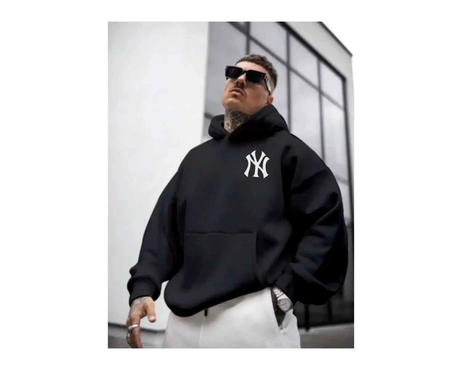 Erkek Beyaz Ön Arka NY Baskılı Kapüşonlu Sweatshirt onarkanysweatshirt