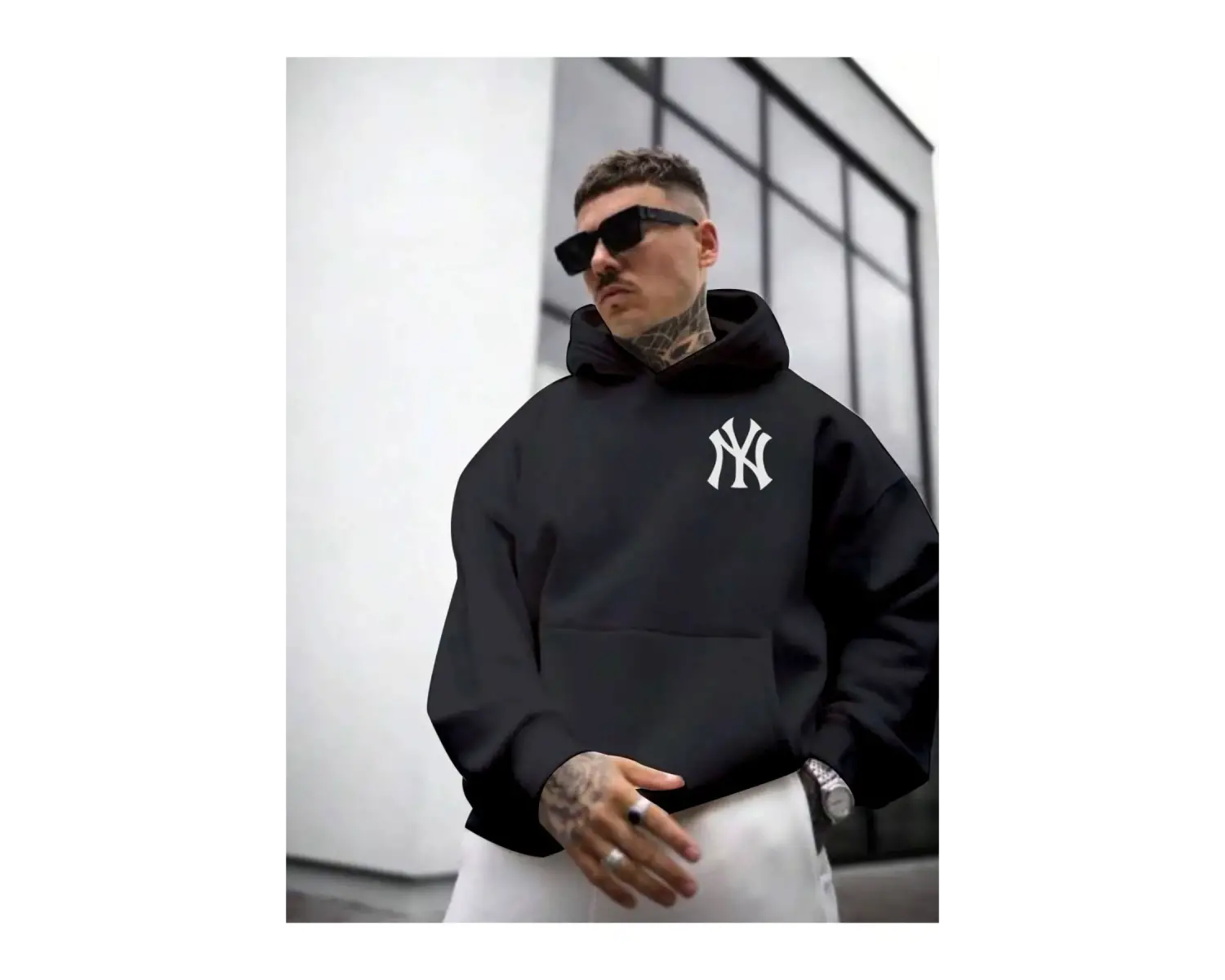 Erkek Beyaz Ön Arka NY Baskılı Kapüşonlu Sweatshirt onarkanysweatshirt