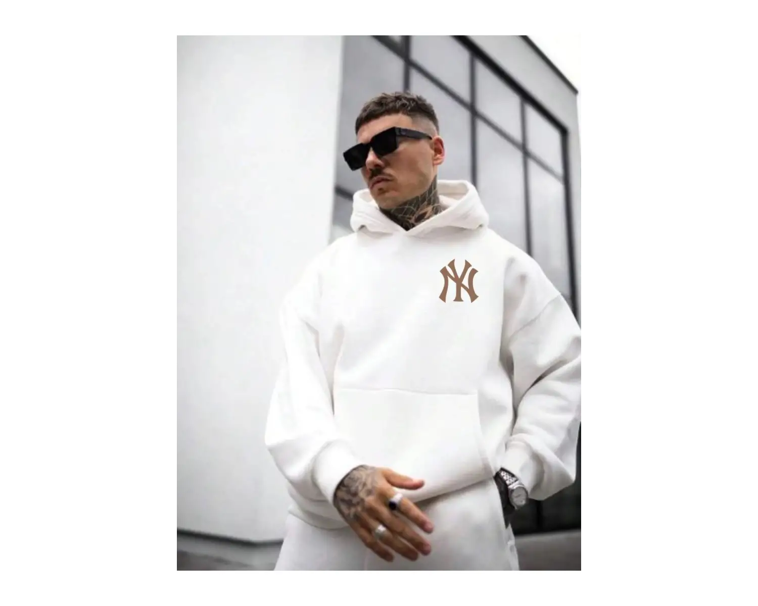 Erkek Beyaz Ön Arka NY Baskılı Kapüşonlu Sweatshirt onarkanysweatshirt