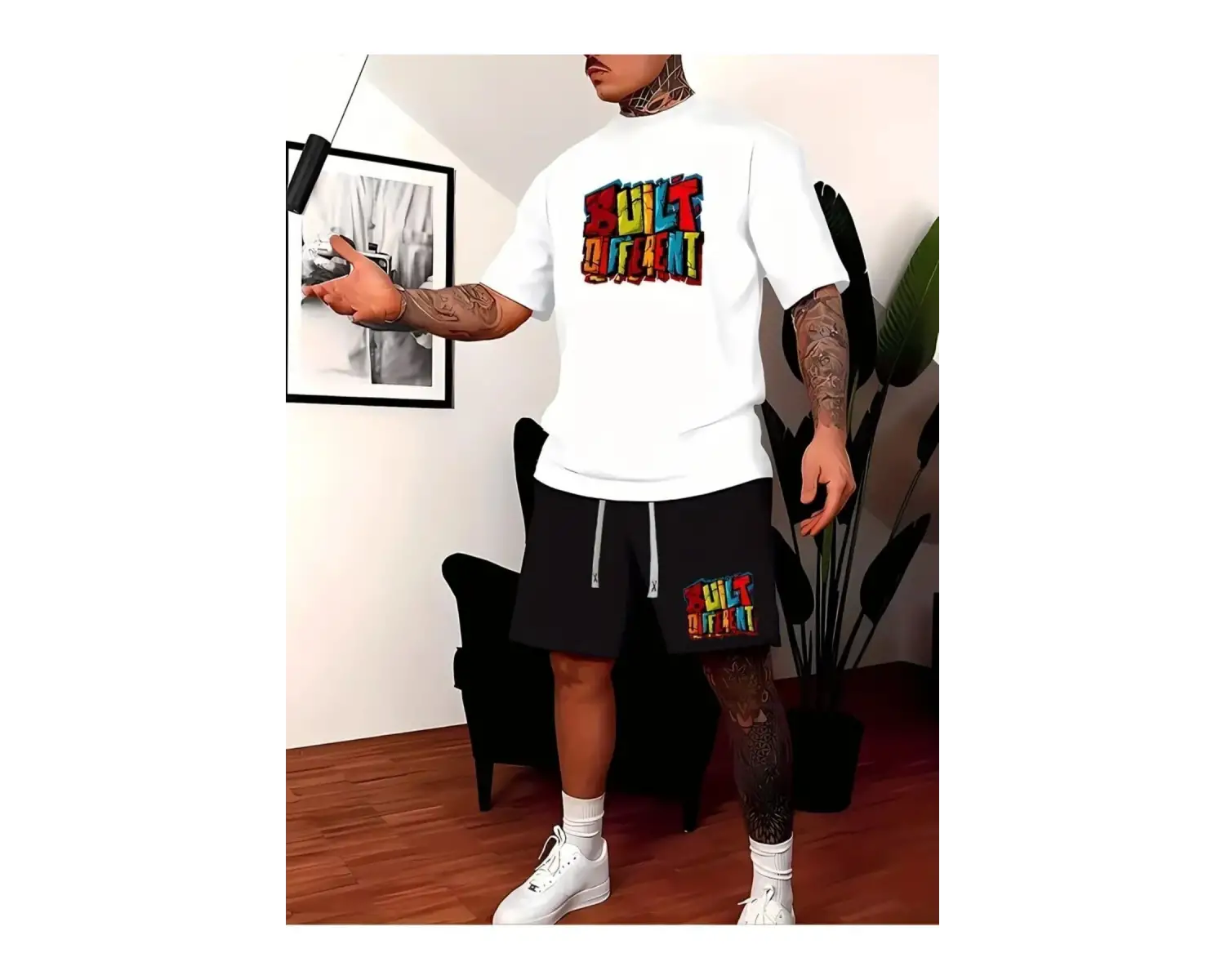 Erkek BeyazRenkli Built Different Baskılı Basic Oversize T-Shirt- Şort Takım strup0000000000014