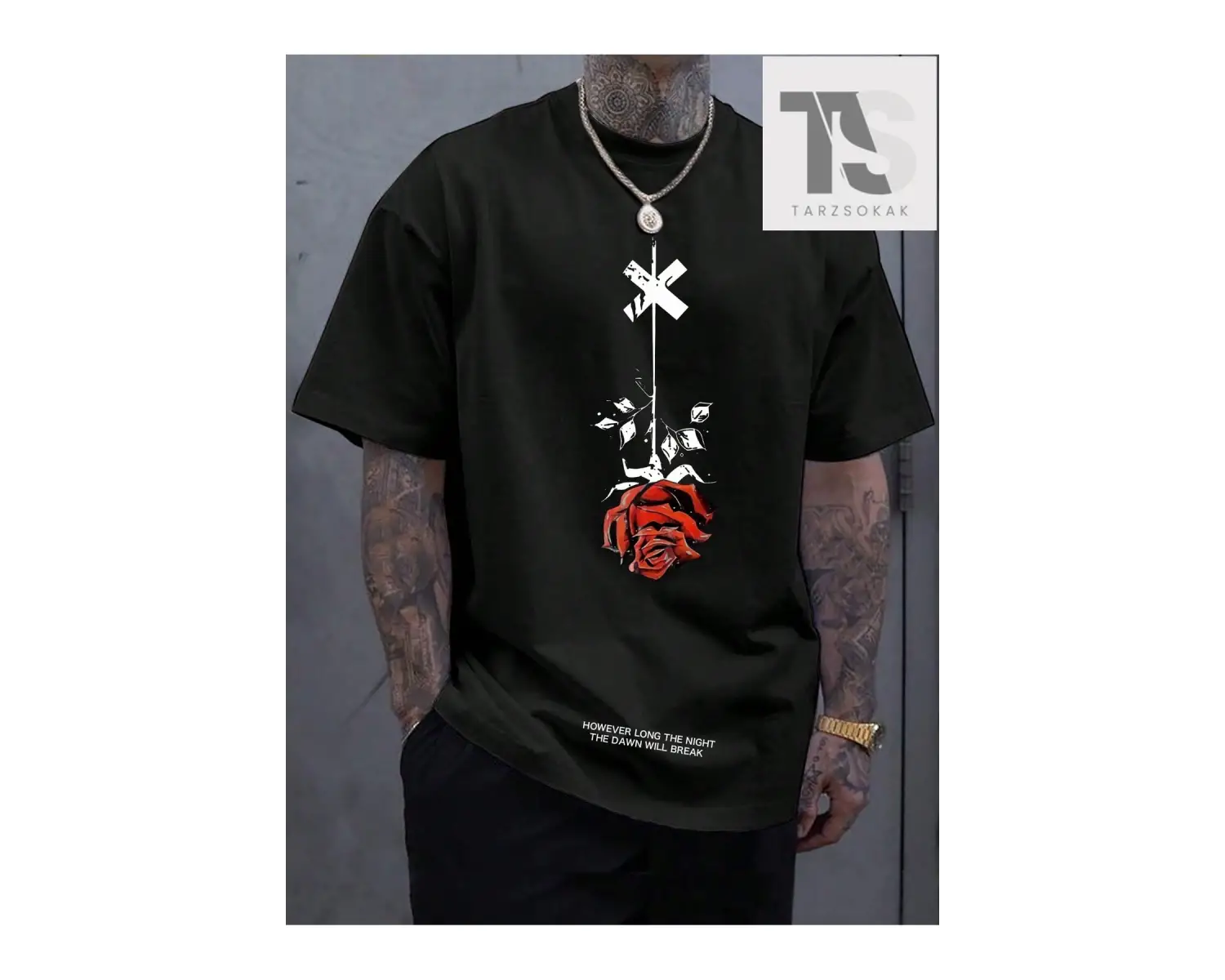 Erkek Büyük Beden Çiçek Desenli Düşük Omuz Kollu Tişört