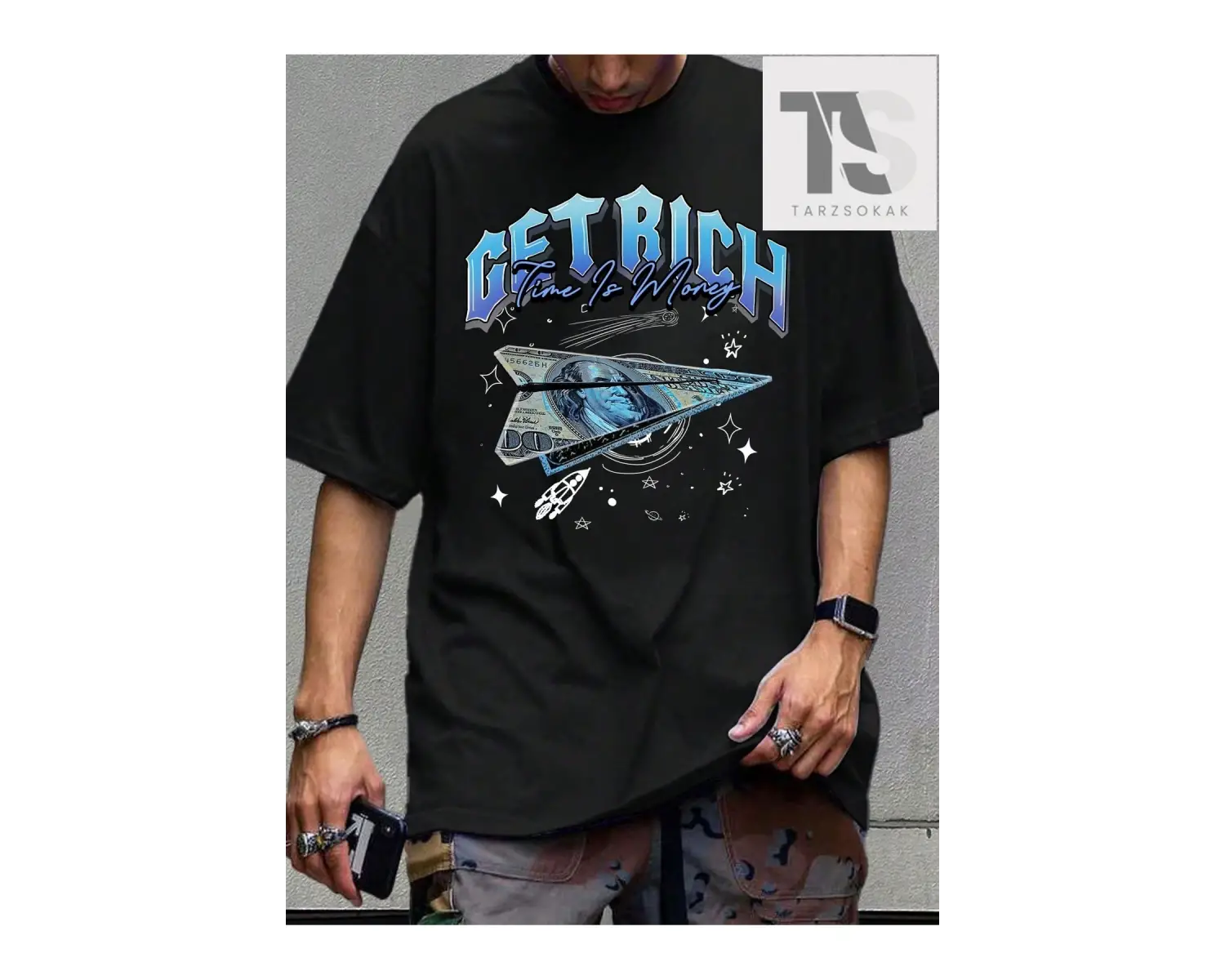 Erkek Dolar İşareti ve Harf Baskılı Yuvarlak Yaka Kısa Kollu Tişört