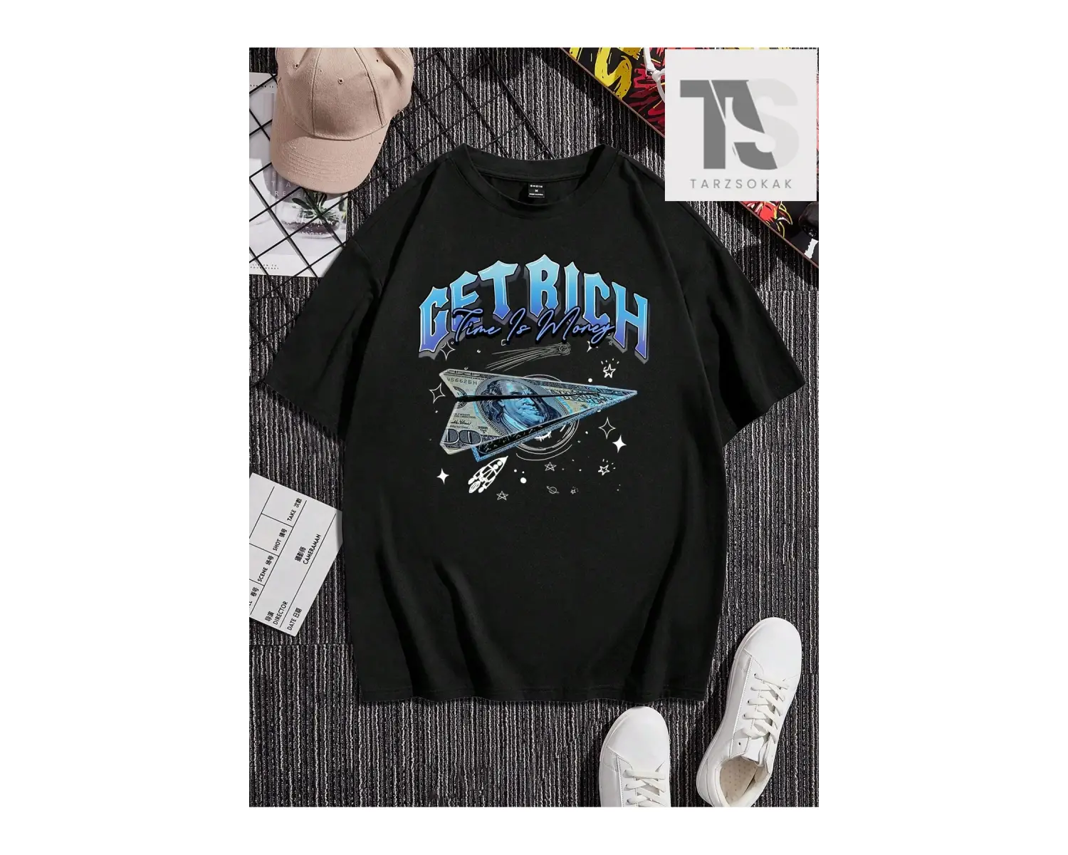 Erkek Dolar İşareti ve Harf Baskılı Yuvarlak Yaka Kısa Kollu Tişört