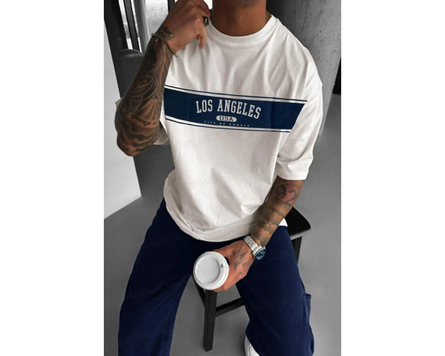 Erkek Ekru Beyaz City Of Angels Oversize Fit Bol Geniş Kalıp Salaş Kesim