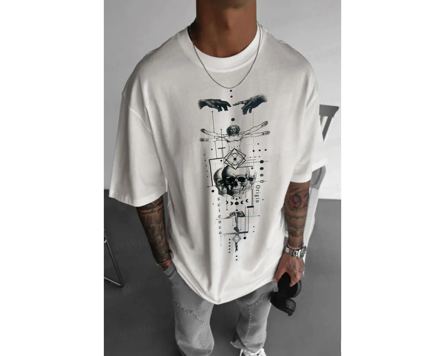Erkek Ekru Beyaz Da Vinci Sicience Oversize Fit Bol Geniş Kalıp Salaş Kesim