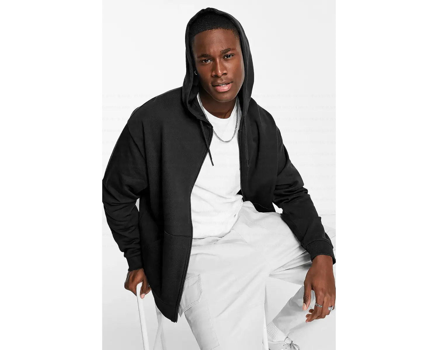 Erkek Ekru Kapüşonlu Fermuarlı 3 Üç İplik Polar Kanguru Oversize Salaş Sweatshirt Beyaz