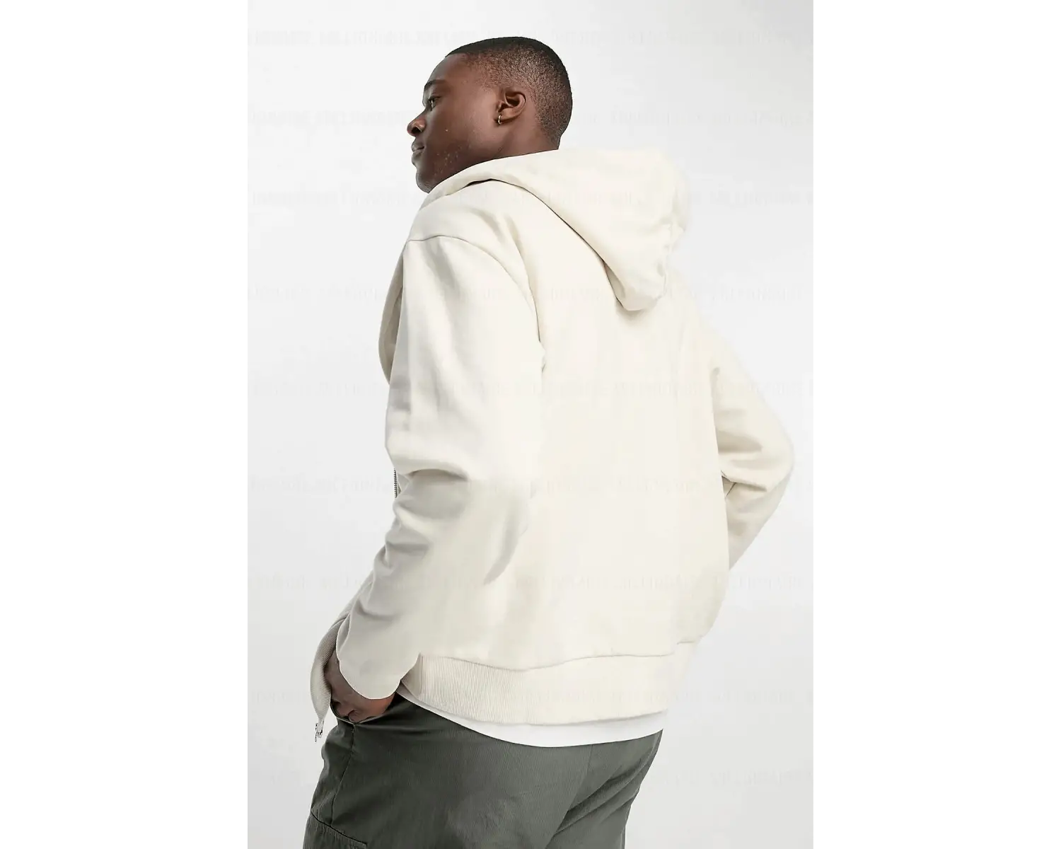 Erkek Ekru Kapüşonlu Fermuarlı 3 Üç İplik Polar Kanguru Oversize Salaş Sweatshirt Beyaz