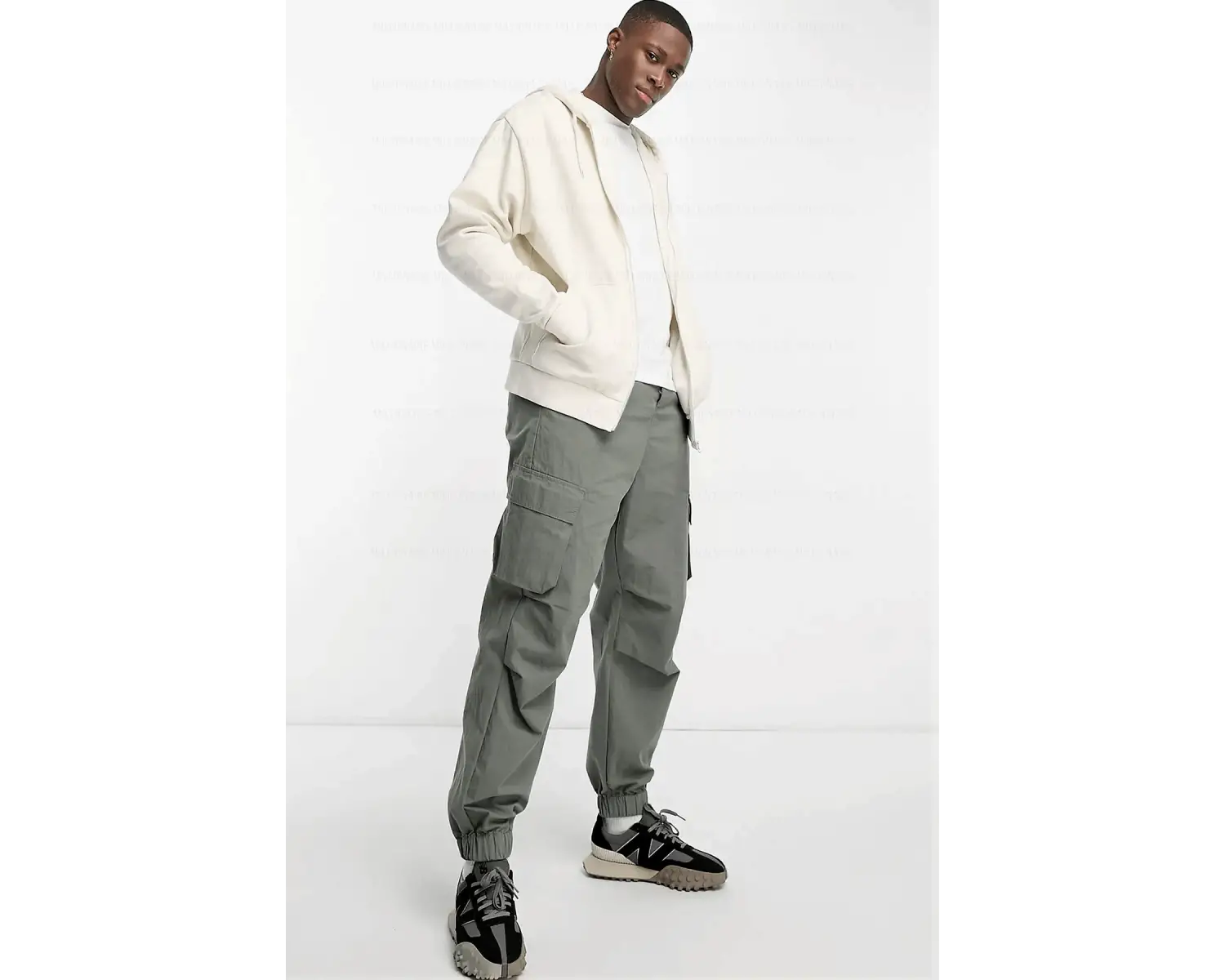 Erkek Ekru Kapüşonlu Fermuarlı 3 Üç İplik Polar Kanguru Oversize Salaş Sweatshirt Beyaz