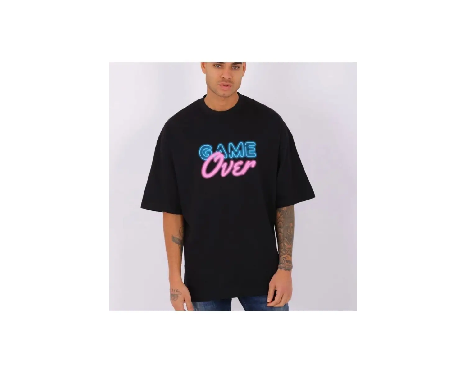 Erkek Game Over Baskılı Oversize Bisiklet Yaka Tshirt