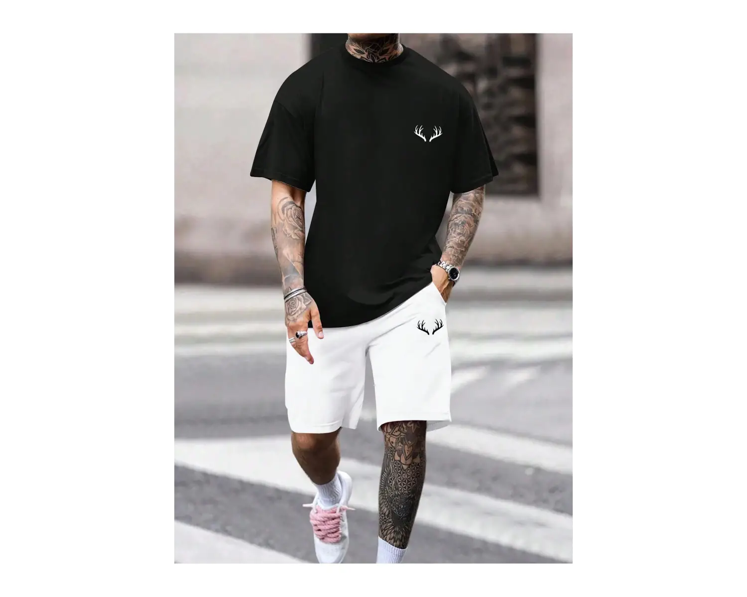 Erkek Günlük Seyahat Kısa Kollu Yuvarlak Yaka Tişört ve Şort Takımı