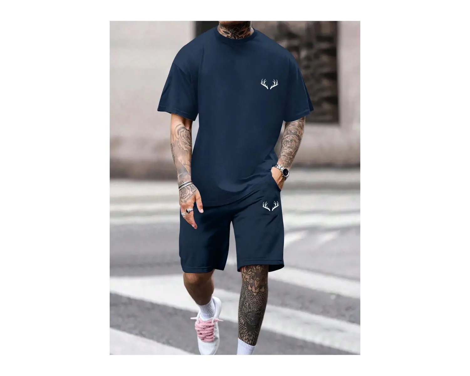 Erkek Günlük Seyahat Kısa Kollu Yuvarlak Yaka Tişört ve Şort Takımı