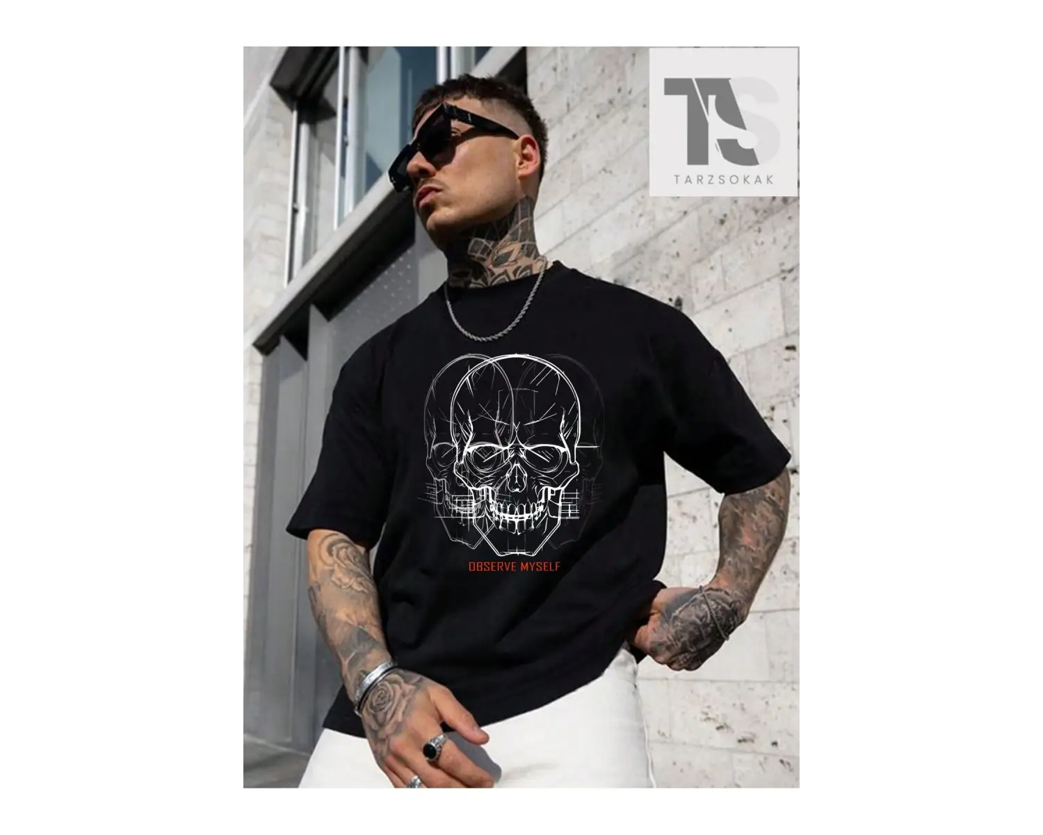 Erkek Harfli ve Kafatası Baskılı Kısa Kollu Tişört