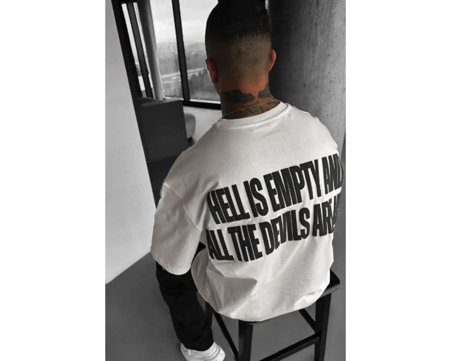 Erkek Hell & Devil Kabaran Baskı Ekru Bisiklet Yaka Oversize Salas