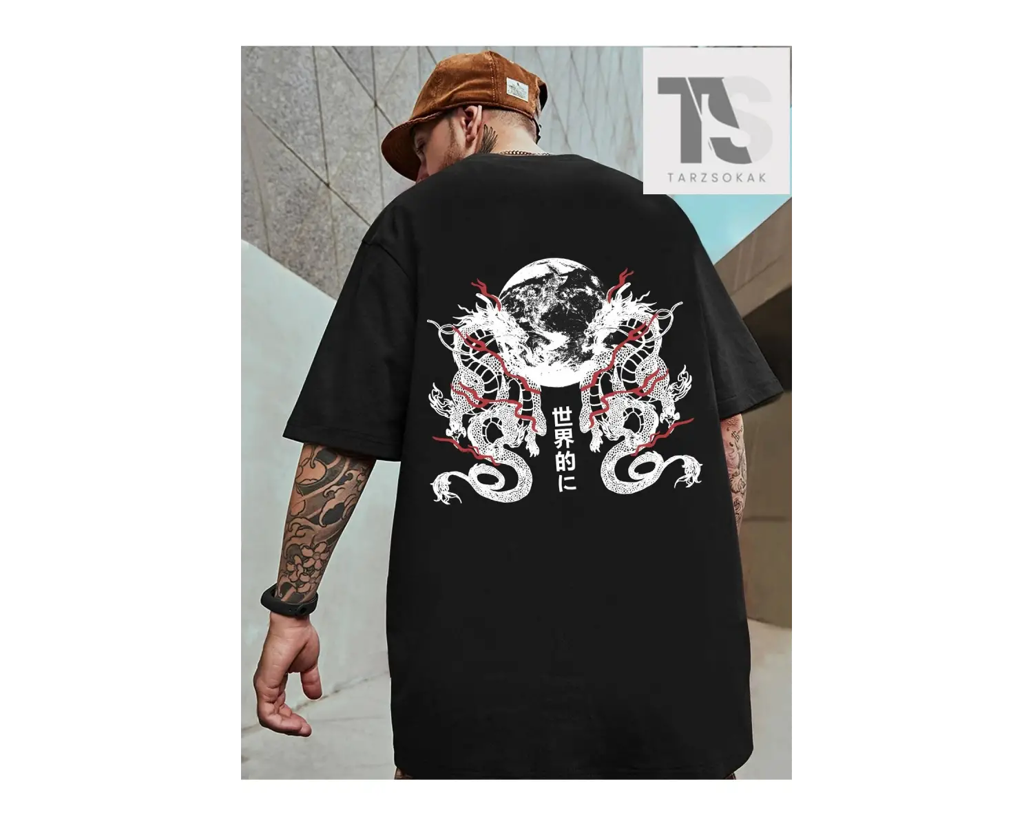 Erkek Japon Harfli ve Ejderha Grafikli Tişört