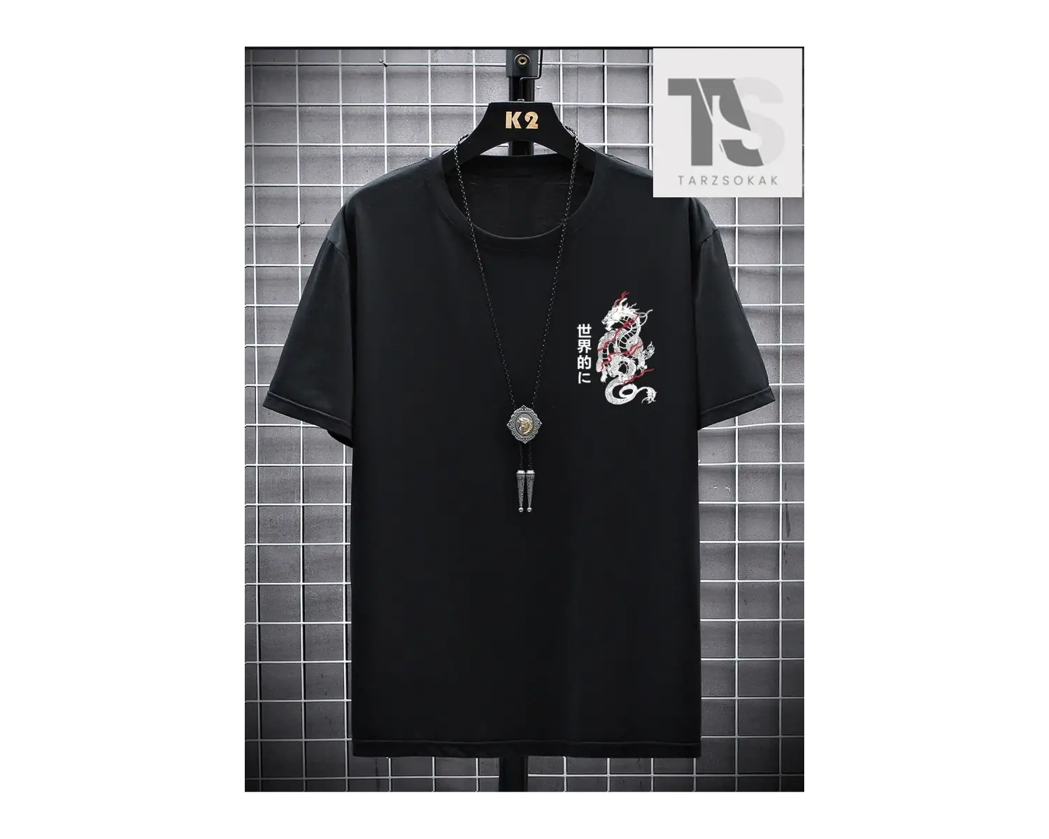 Erkek Japon Harfli ve Ejderha Grafikli Tişört