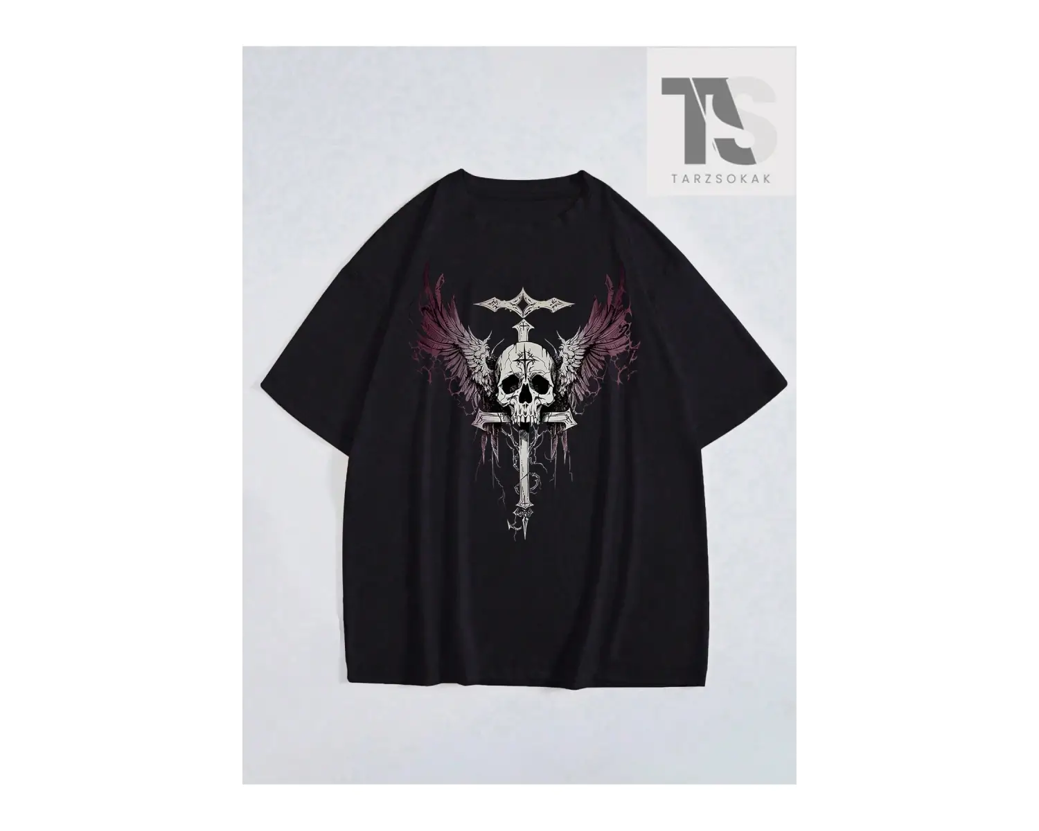 Erkek Kafatası ve Kanatlar Baskılı Tişört