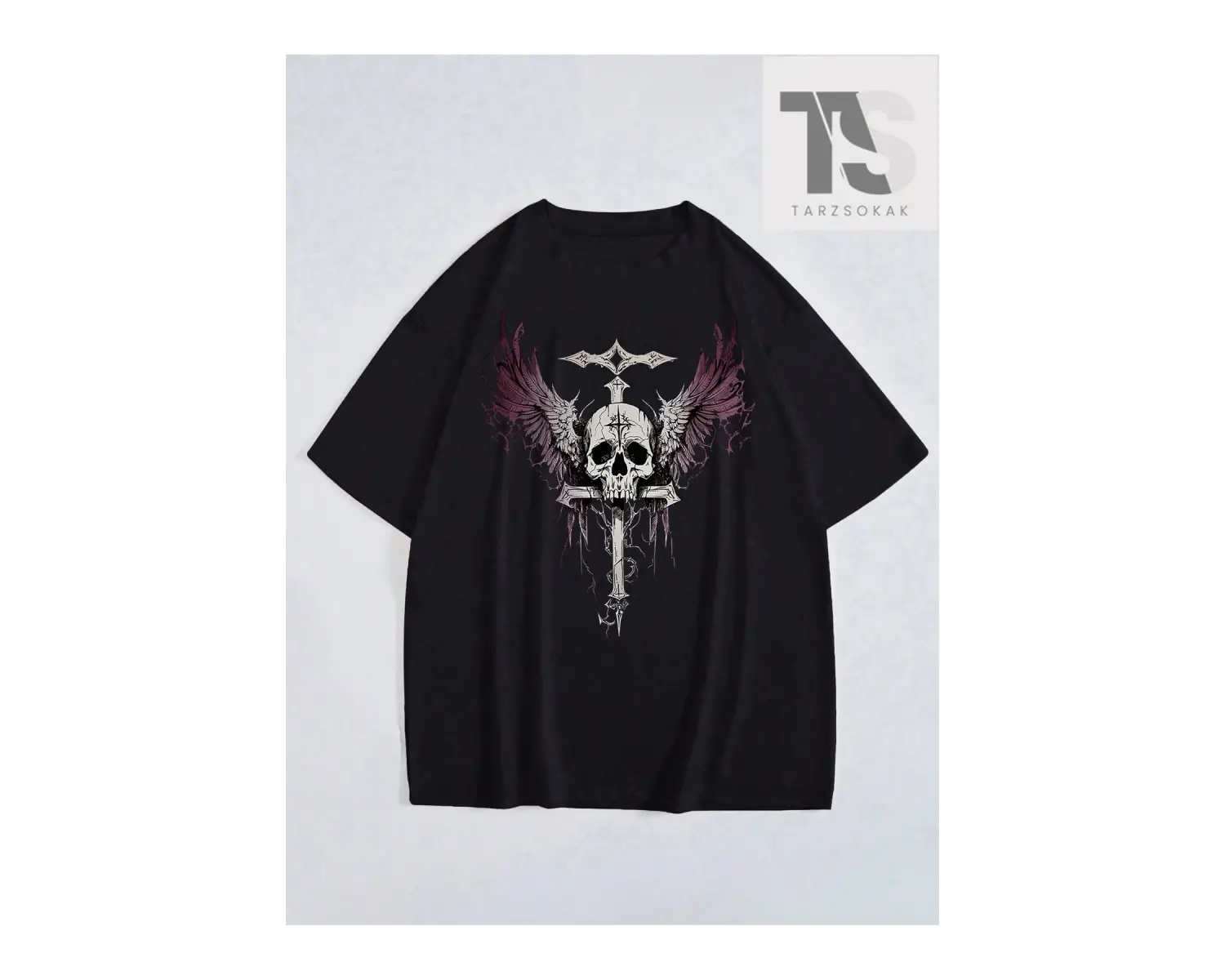Erkek Kafatası ve Kanatlar Baskılı Tişört