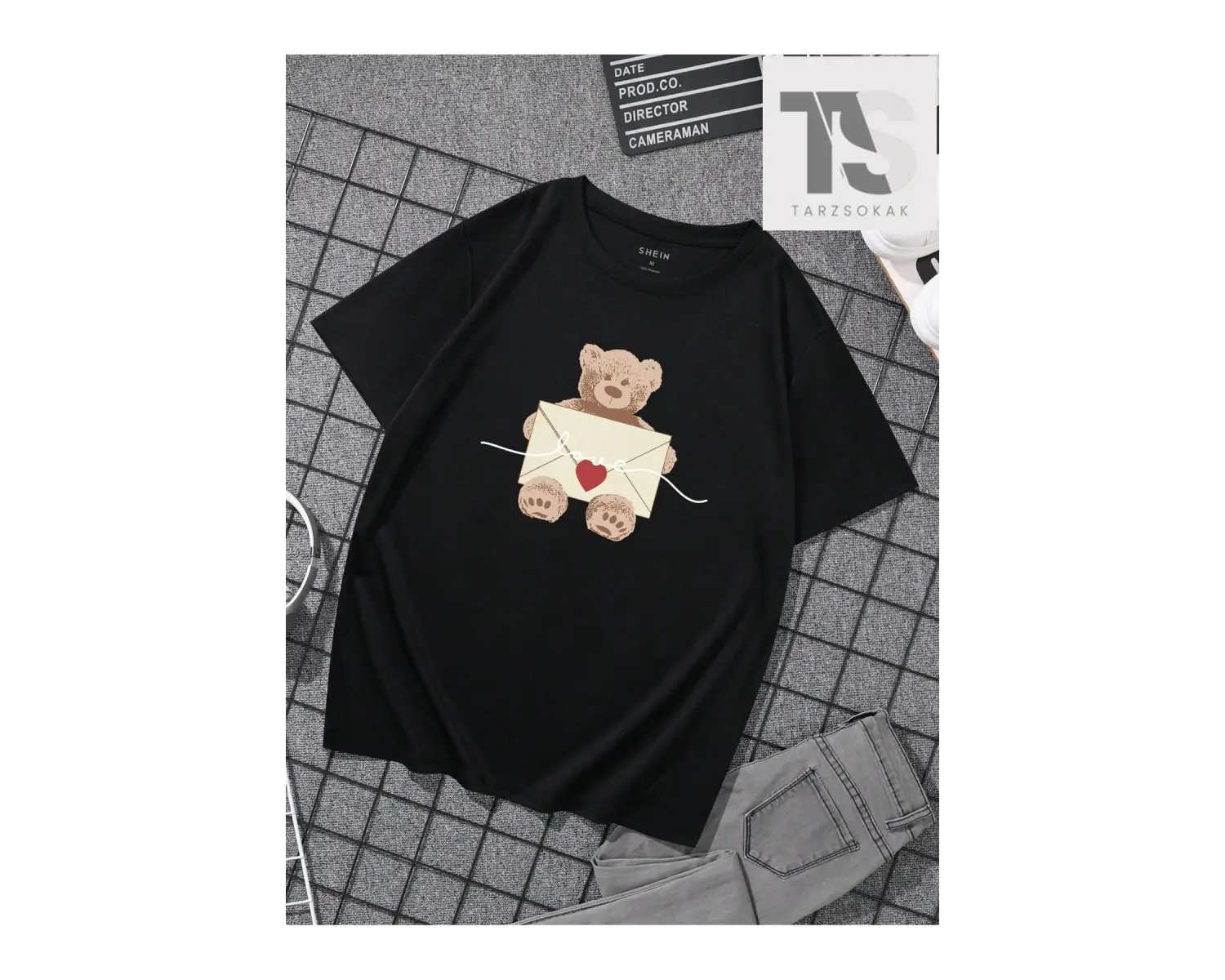 Erkek Karikatür Ayı ve Zarf Baskılı Kısa Kollu Tişört