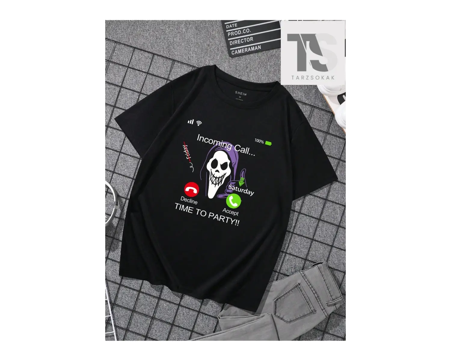 Erkek Karikatür Ördek ve Mektup Baskılı Yuvarlak Yaka Tişört