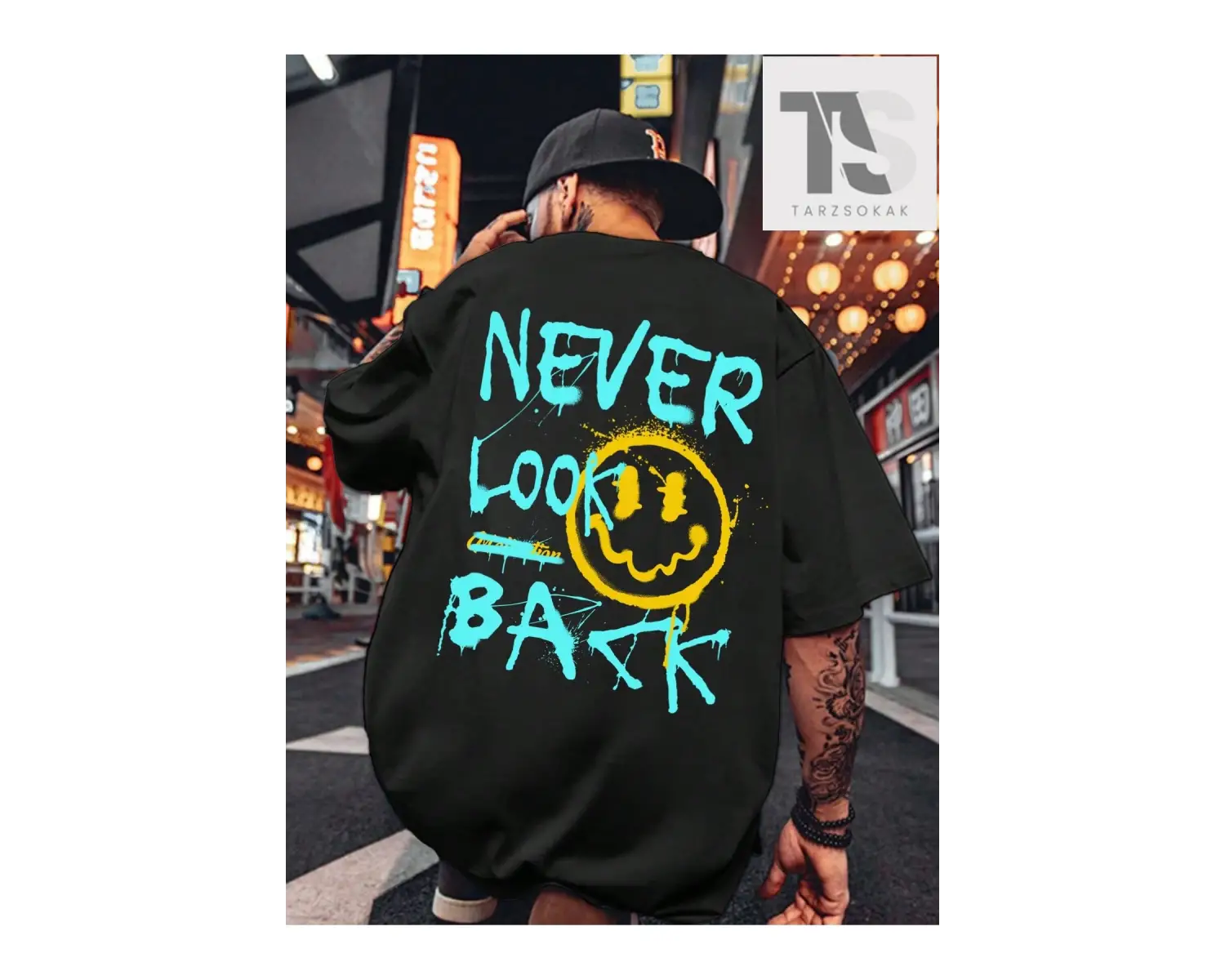 Erkek Karikatür & Slogan Grafikli Düşük Omuz Tişörtü