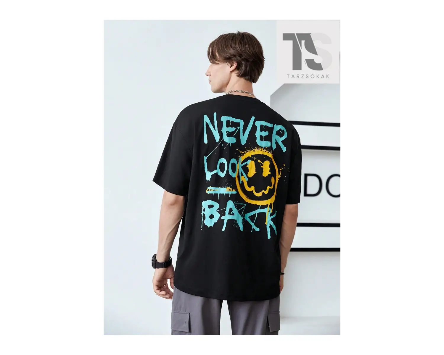 Erkek Karikatür & Slogan Grafikli Düşük Omuz Tişörtü