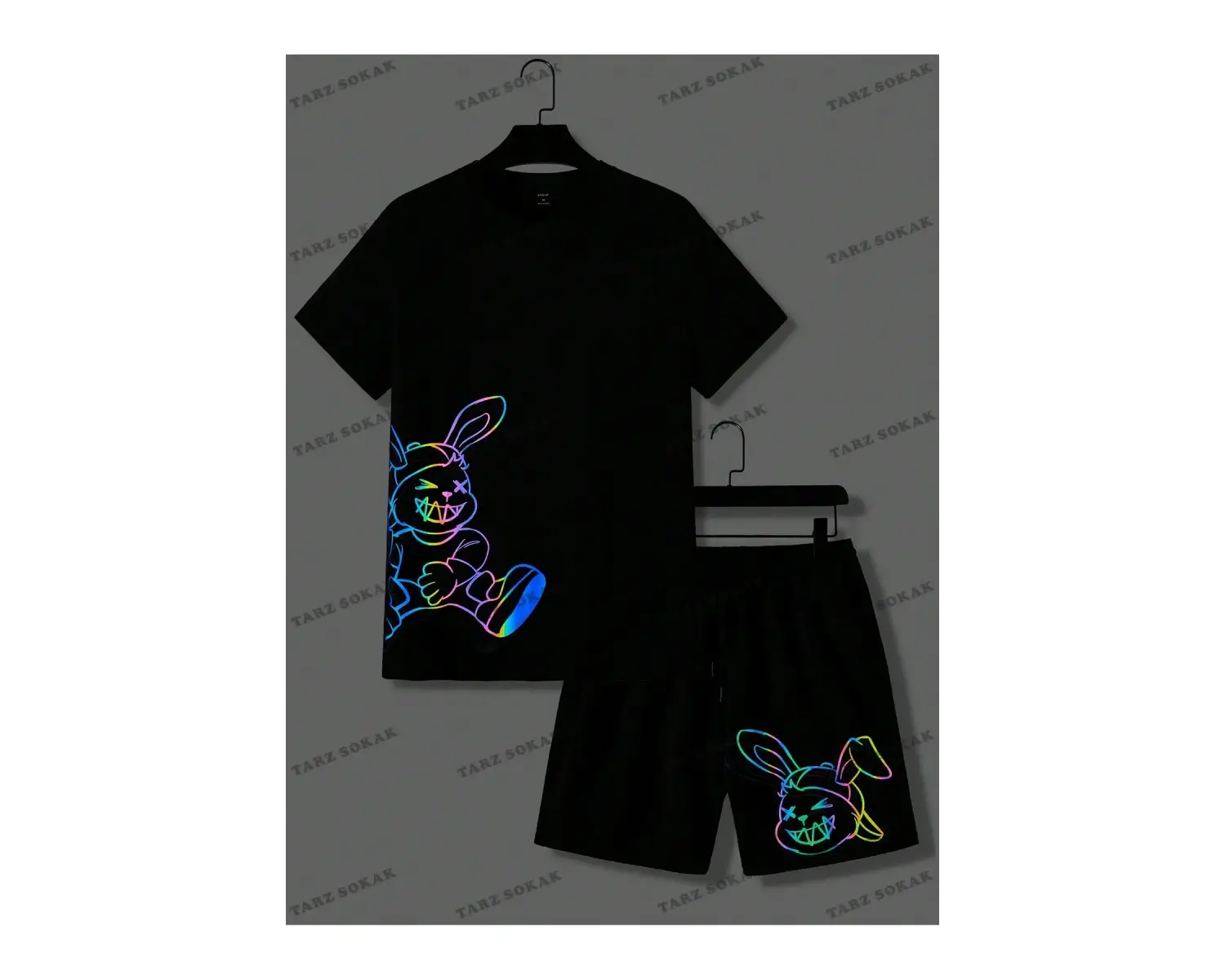 Erkek Kısa Kollu Emoji Baskılı Tişört ve Şort Takım