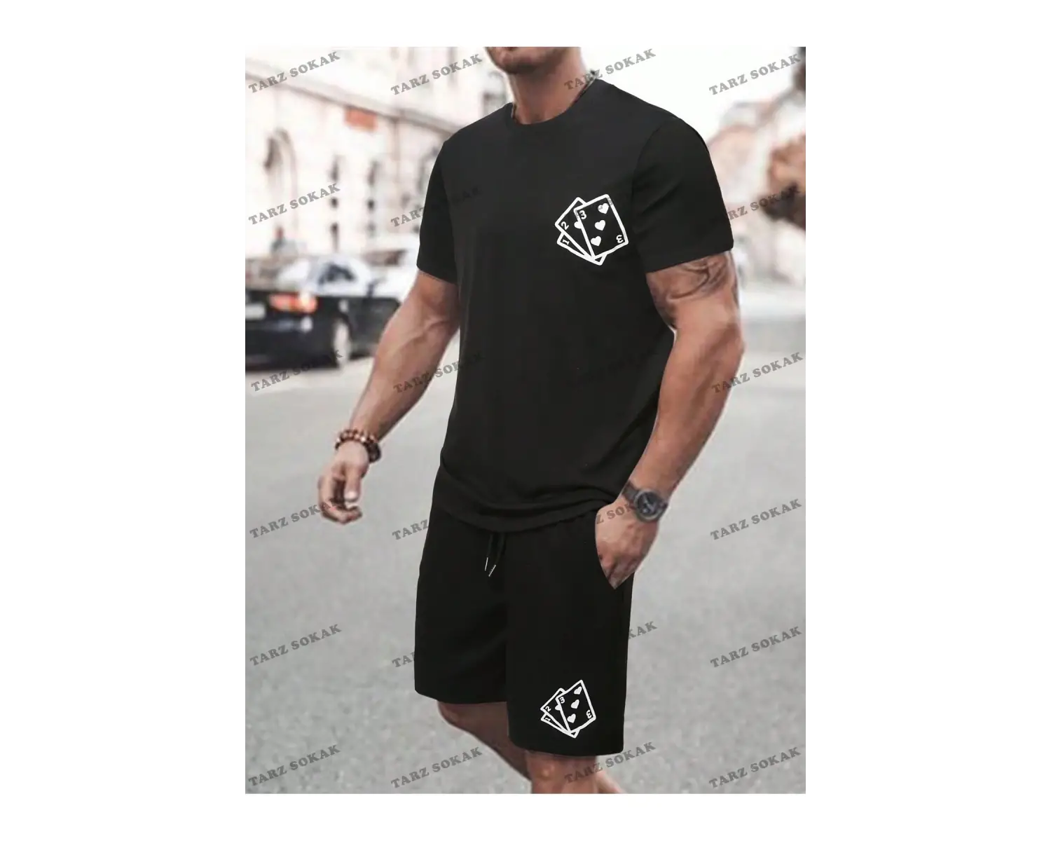 Erkek Kulaklık Baskı Kısa Kollu Tişört Ve Şort 2 adet/takım