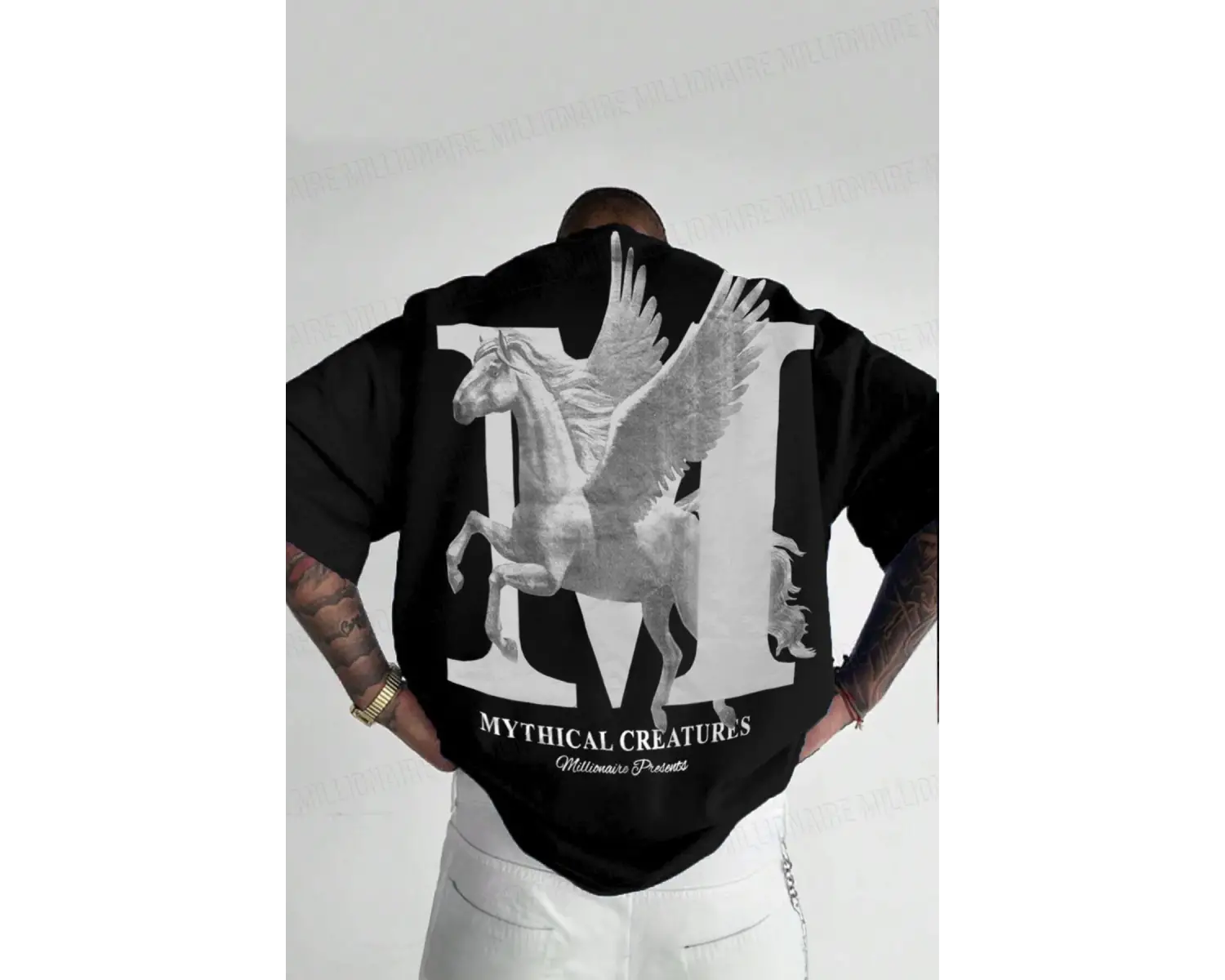 Erkek Mythical Pegasus Baskılı Beyaz Bisiklet Yaka Oversize Salaş