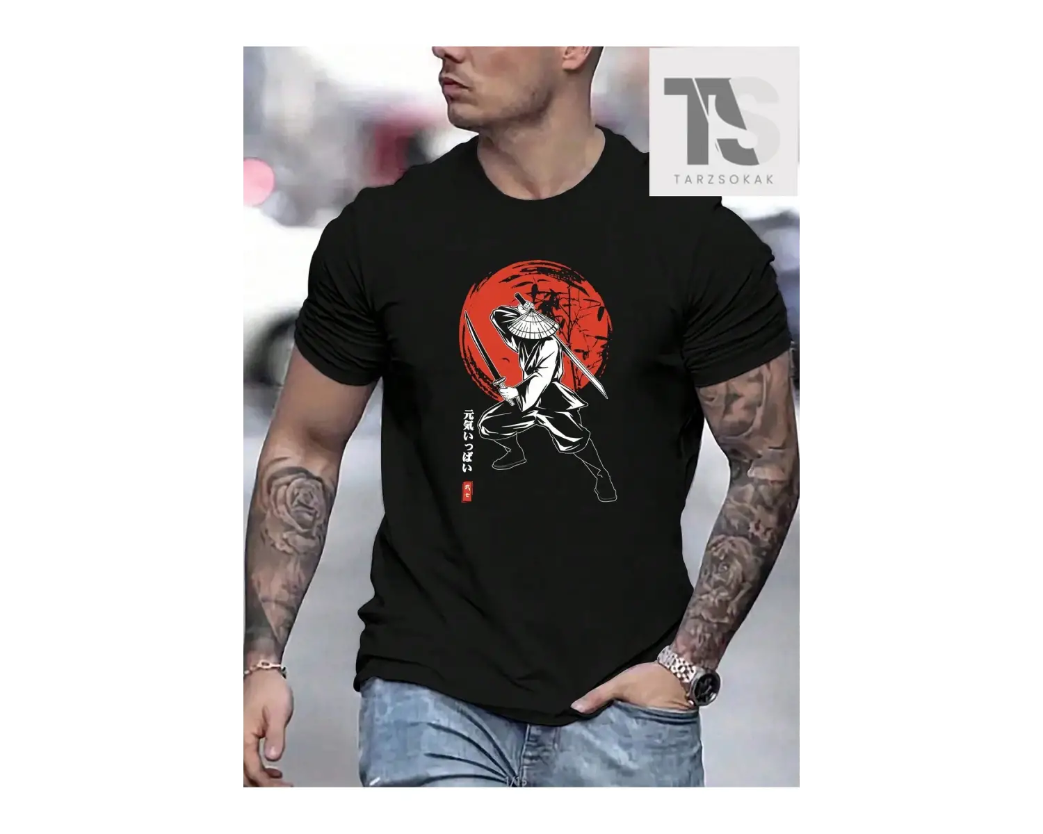 Erkek Portre & Japonca Kelime Baskılı Kısa Kollu Tişört