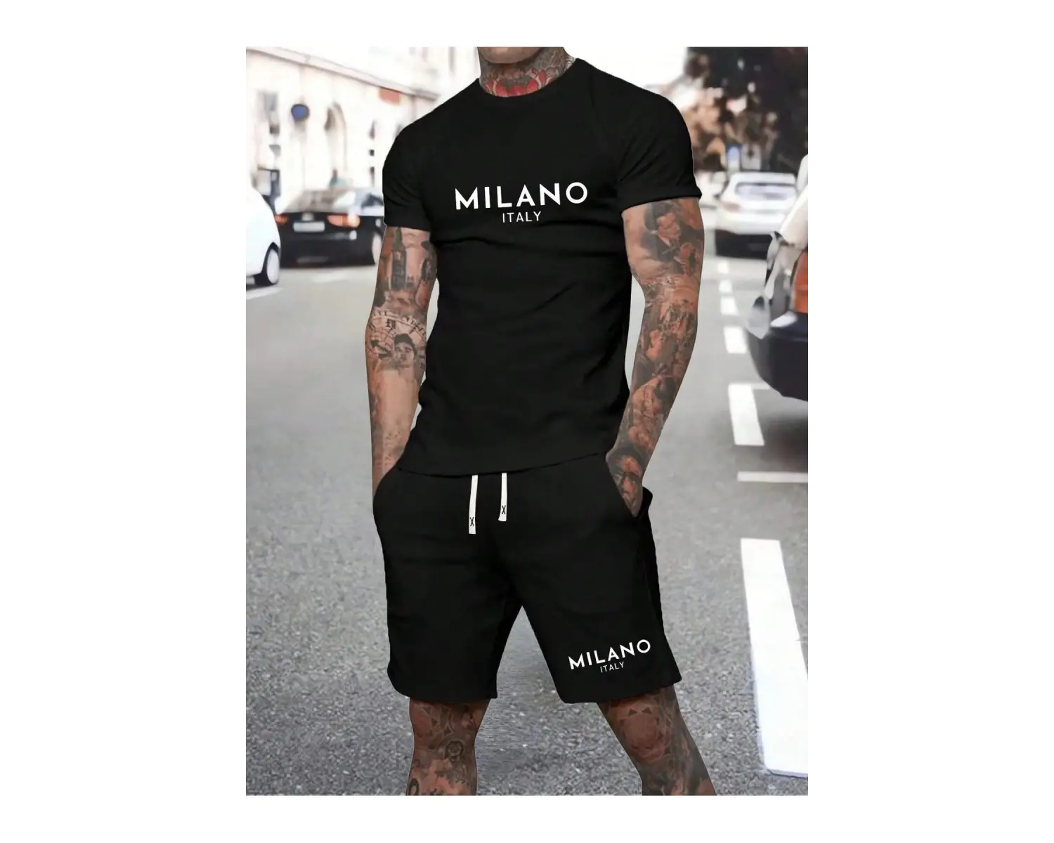 Erkek Rahat Yaz Takımı - Kısa Kollu Harf ve Grafik Baskı No Tişört Ve Şort Takımı