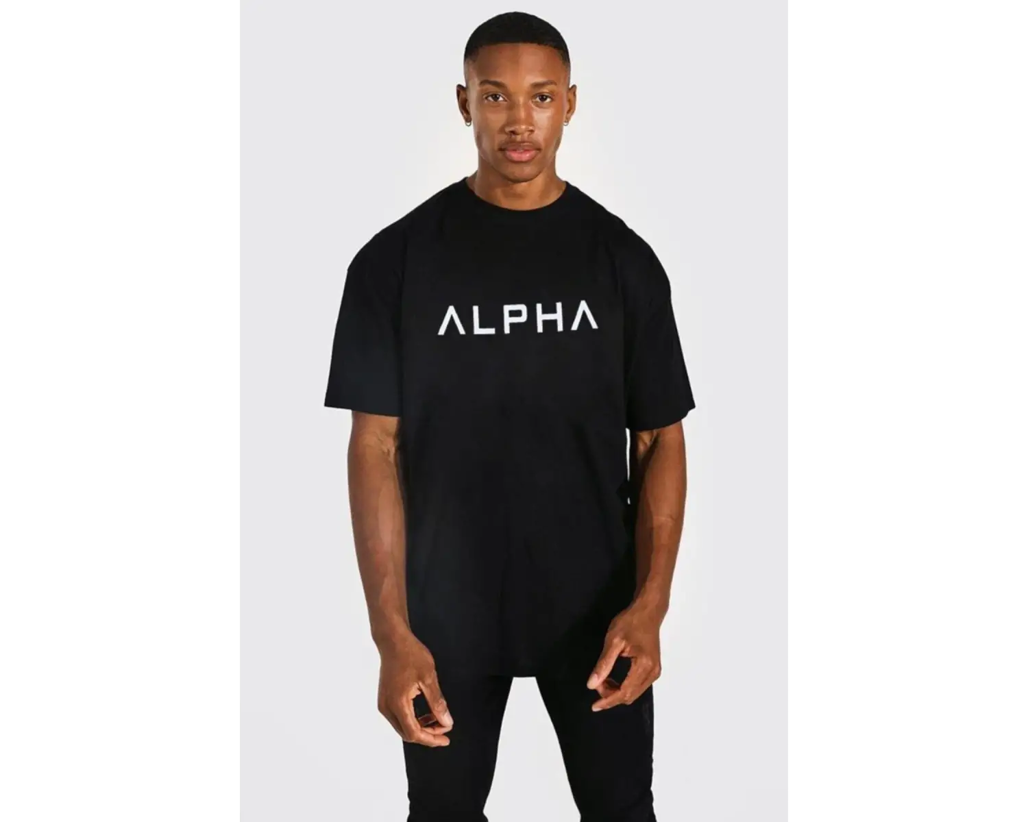 Erkek Siyah Alpha Baskılı Oversize Bisiklet Yaka T-shirt