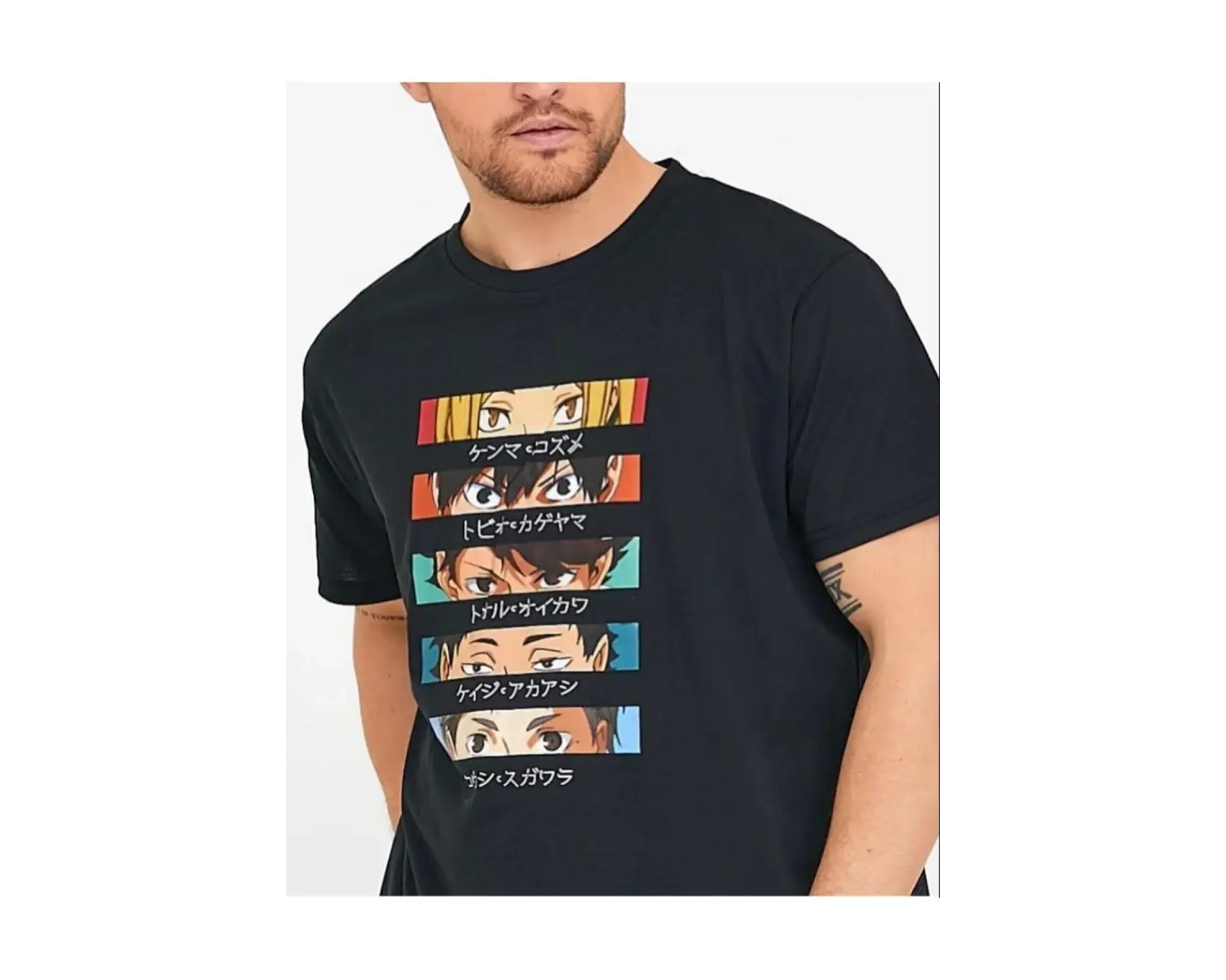 Erkek Siyah Anime Baskılı Oversize Bisiklet Yaka Tişört