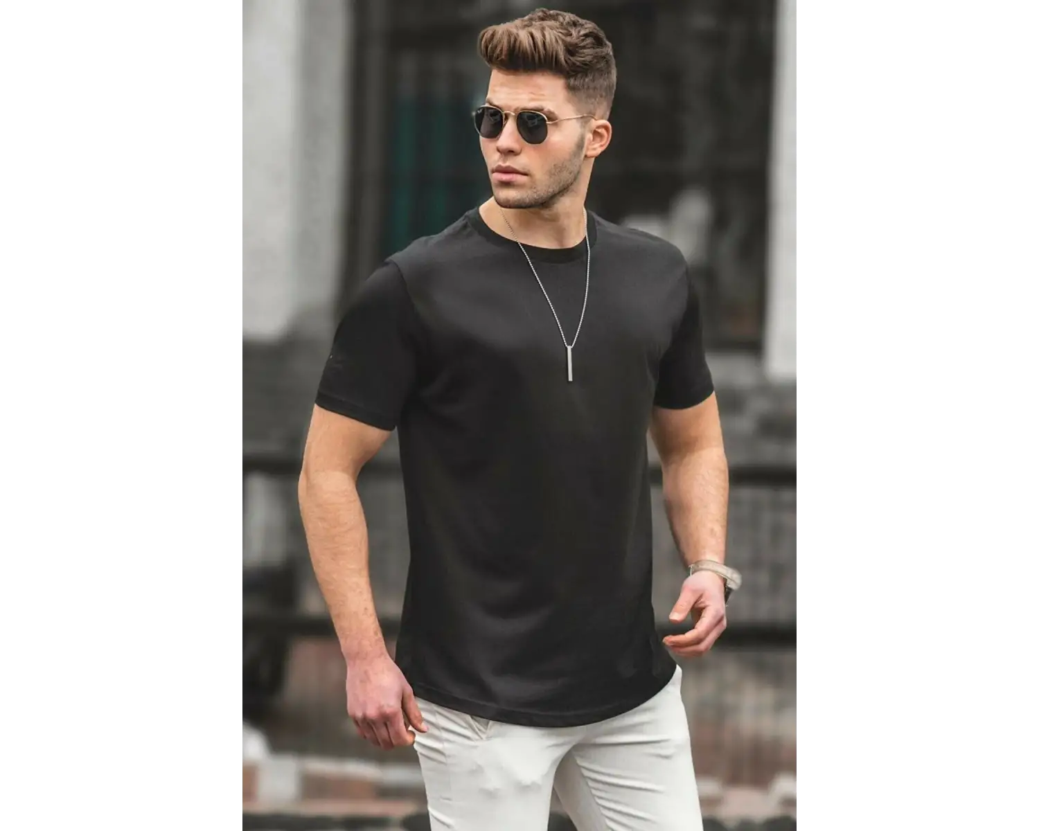 Erkek Siyah Basic Licralı Slimfit T-shirt