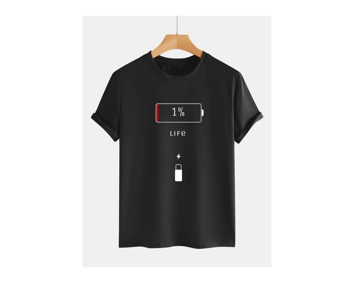 Erkek Siyah Batarya Baskılı Bisiklet Yaka Tişört