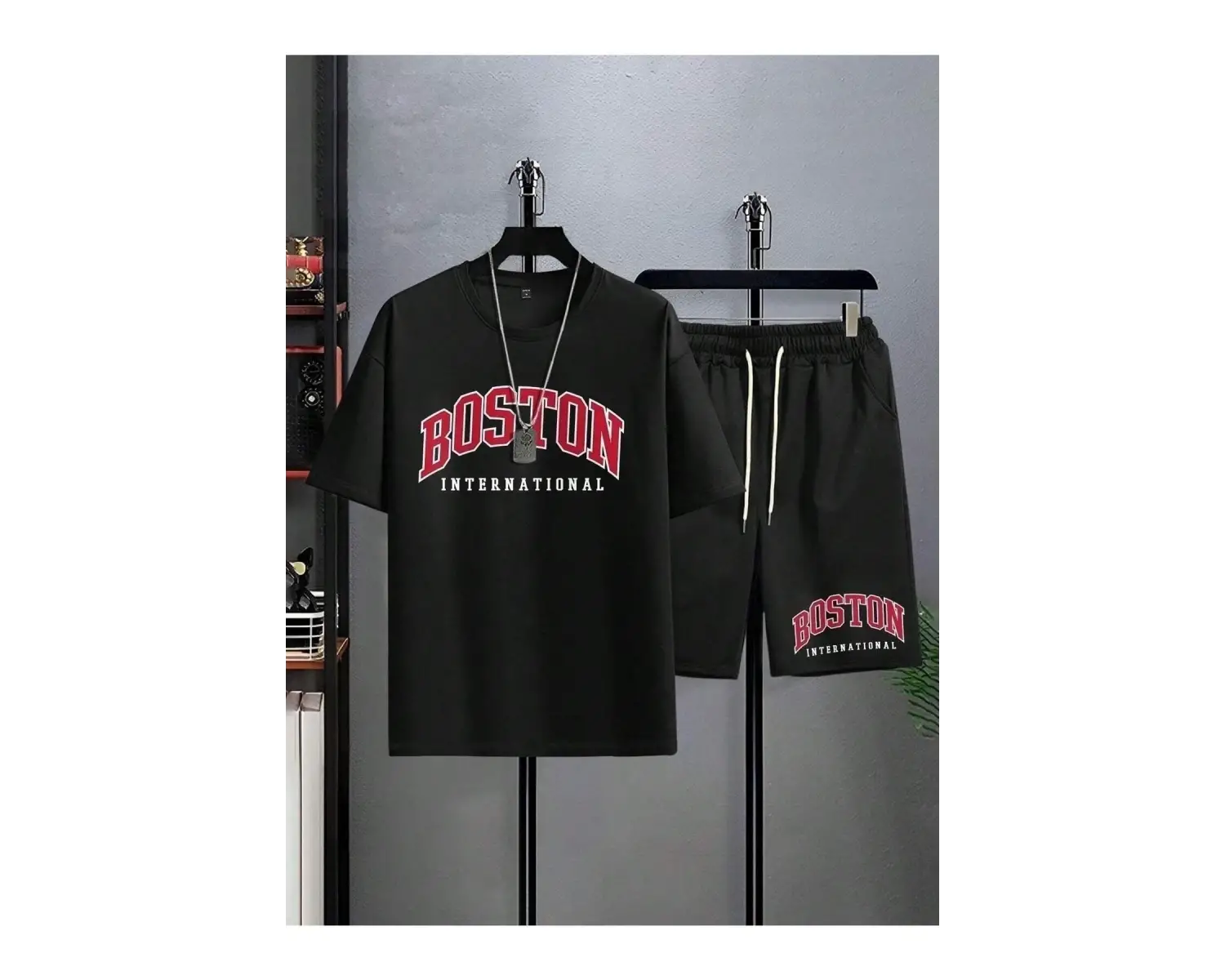 Erkek Siyah Boston International Baskılı Oversize Şortlu Takım Tw-bstontakims
