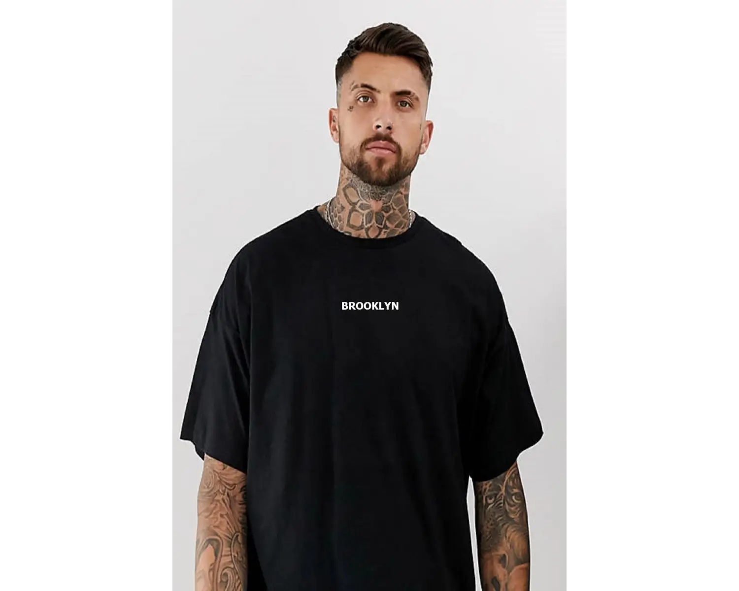 Erkek Siyah Brooklyn Baskılı Oversize Bisiklet Yaka Tişört