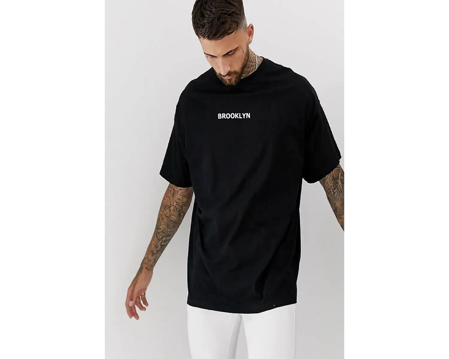 Erkek Siyah Brooklyn Baskılı Oversize Bisiklet Yaka Tişört