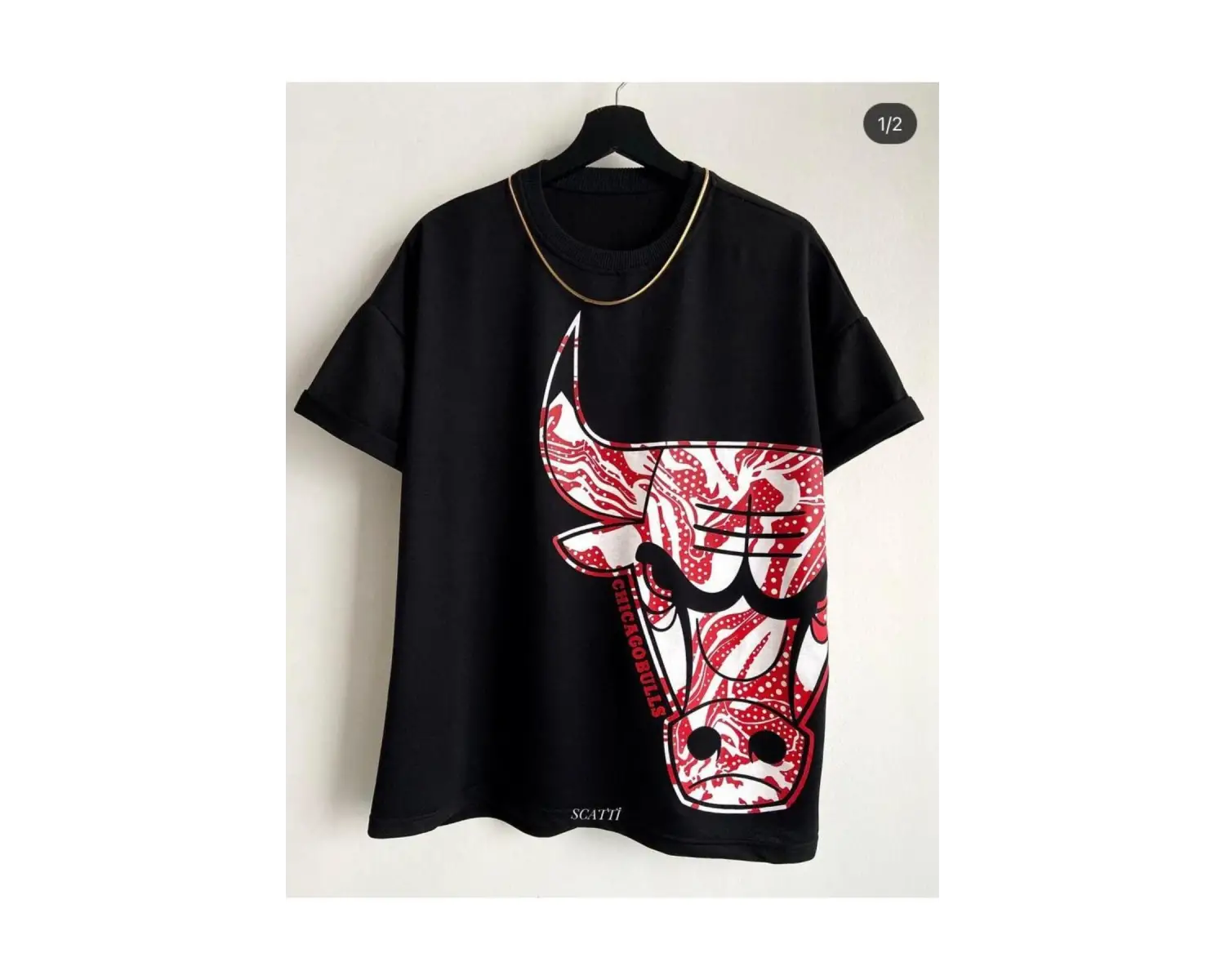 Erkek Siyah Büyük Logo Bulls Baskılı Oversize Bisiklet Yaka Tişört