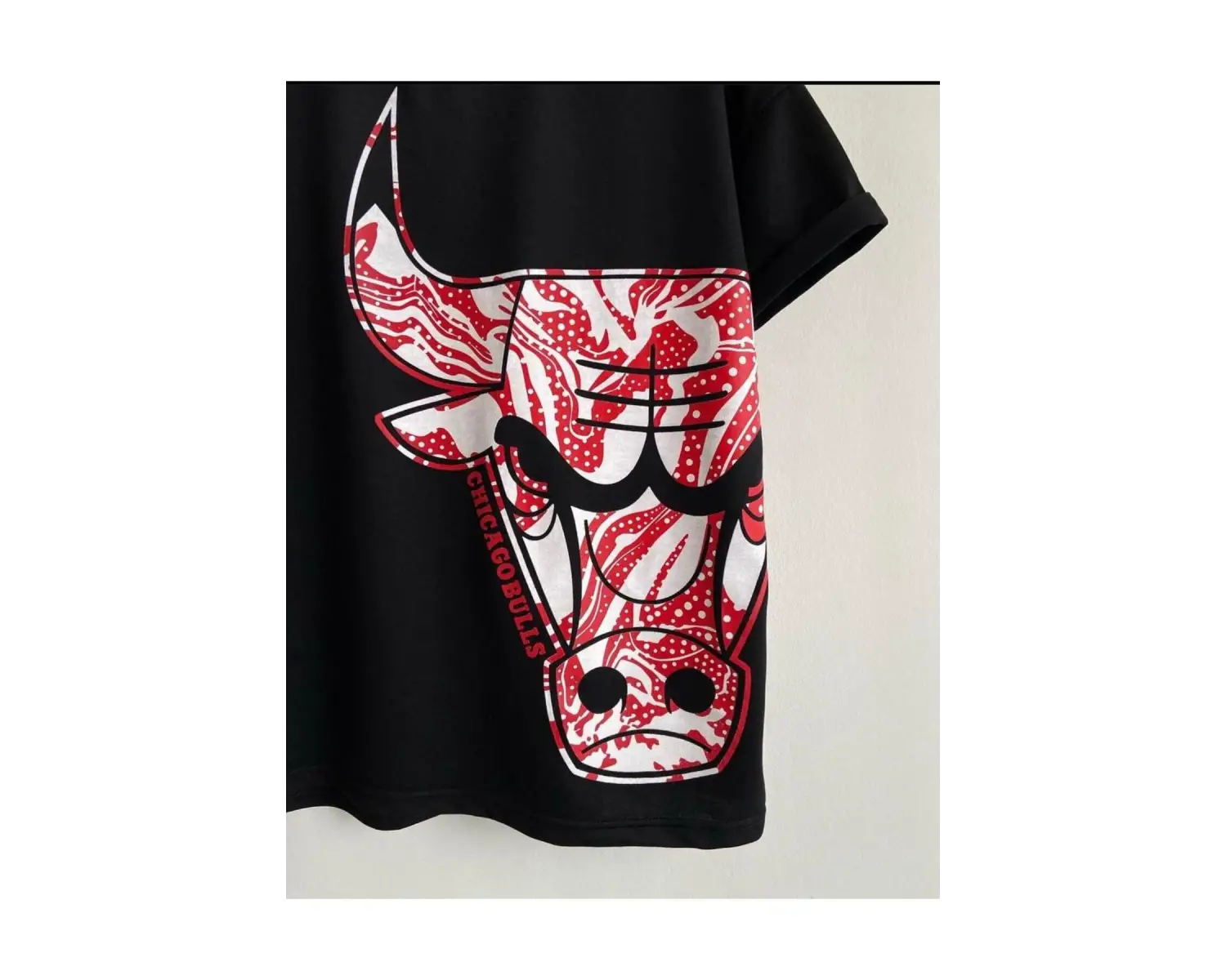Erkek Siyah Büyük Logo Bulls Baskılı Oversize Bisiklet Yaka Tişört