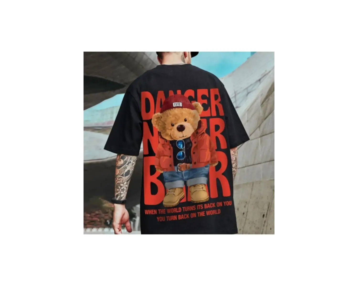 Erkek Siyah Danger Bear Baskılı Oversize Bisiklet Yaka T-shirt