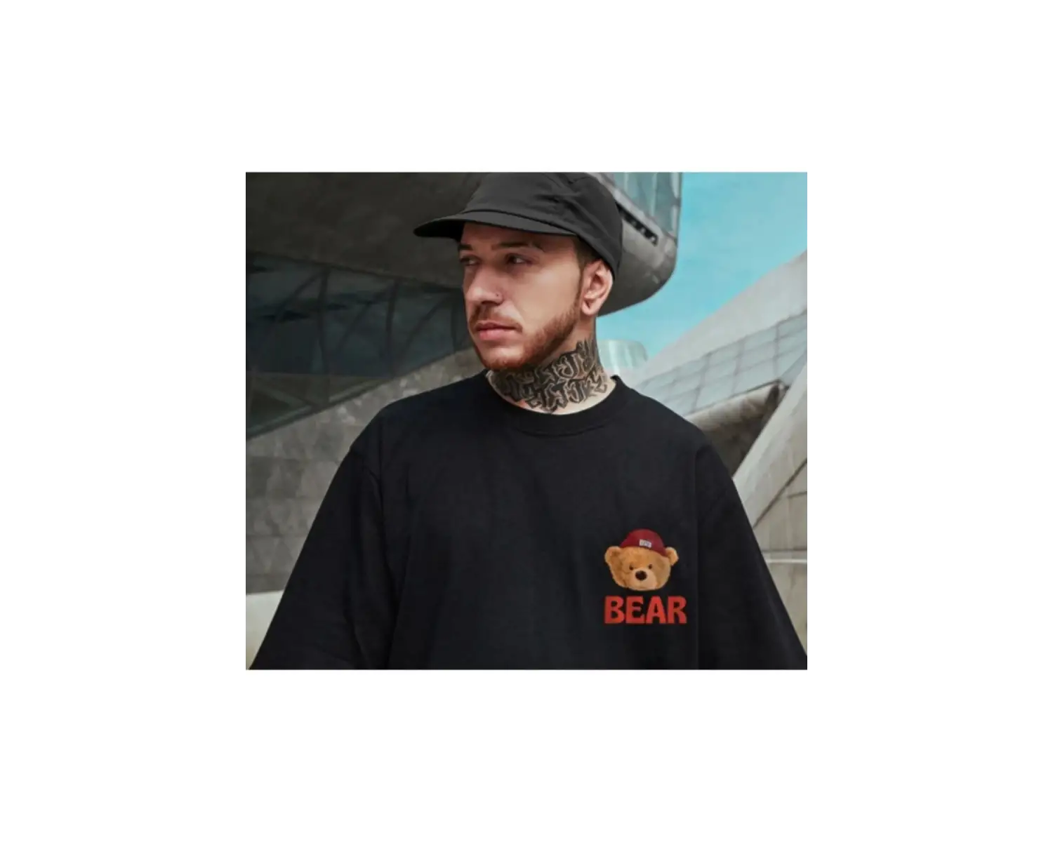 Erkek Siyah Danger Bear Baskılı Oversize Bisiklet Yaka T-shirt