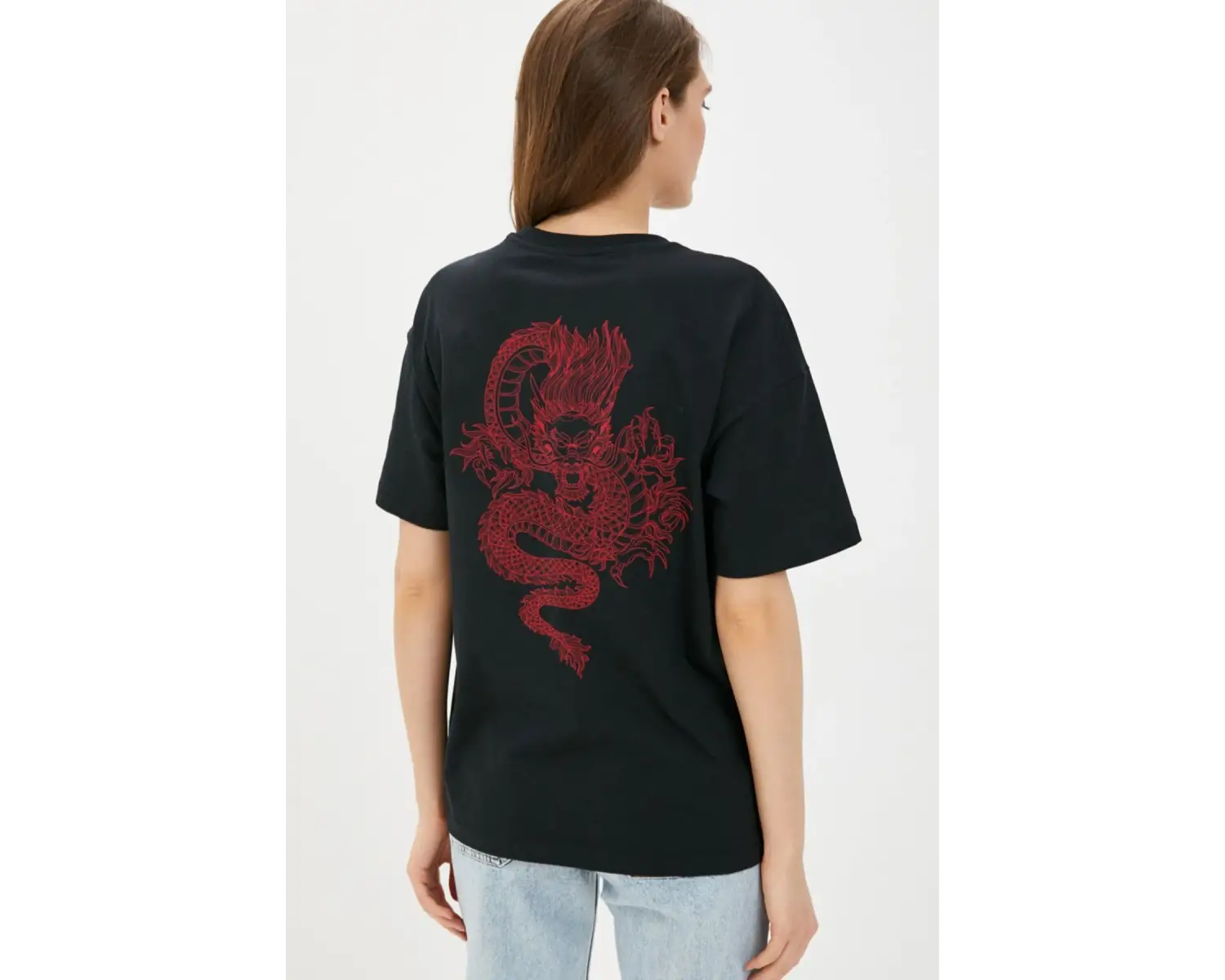 Erkek Siyah Dragon Baskılı Oversize Bisiklet Yaka Tişört