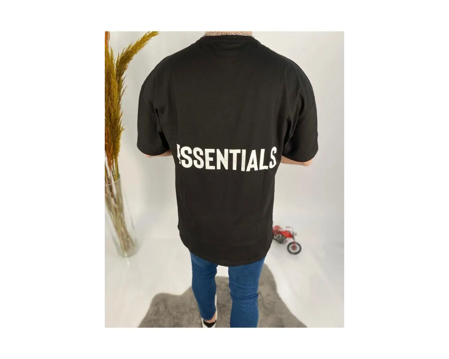 Erkek Siyah Essentials Baskılı Oversize Bisiklet Yaka T-shirt