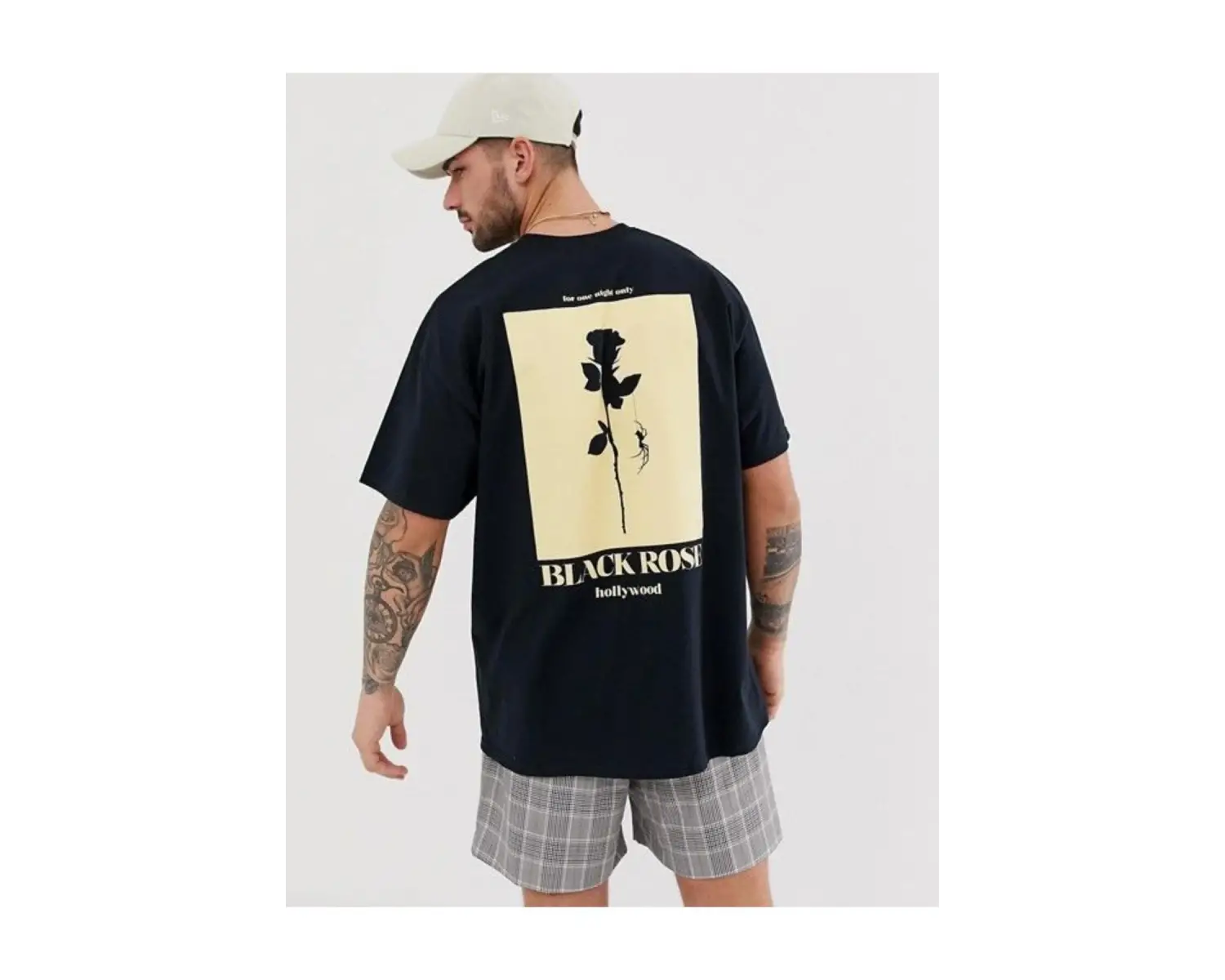 Erkek Siyah Gül Sırt Baskılı Oversize Bisiklet Yaka T-shirt