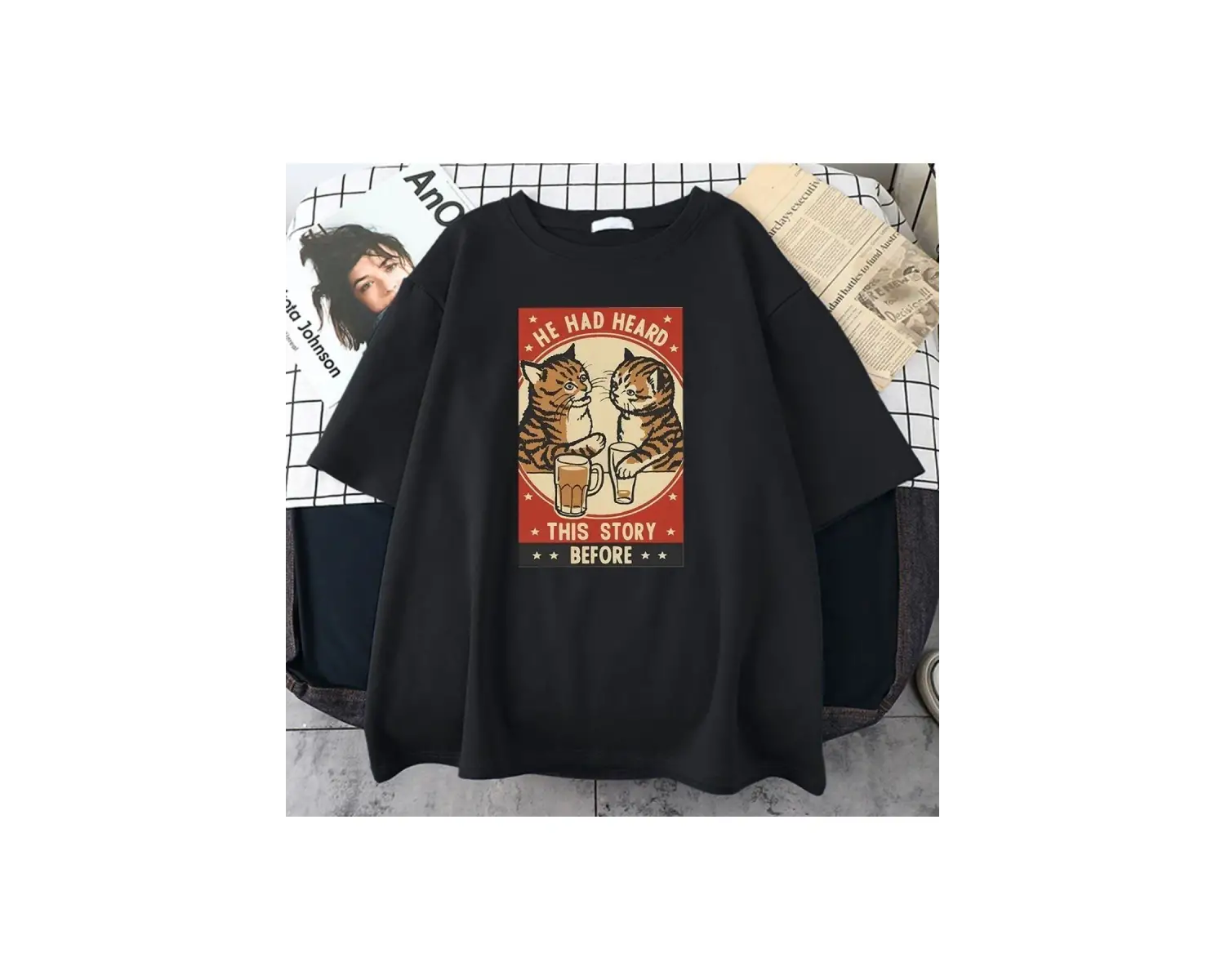 Erkek Siyah He Had Heard Baskılı Oversize Bisiklet Yaka Tshirt