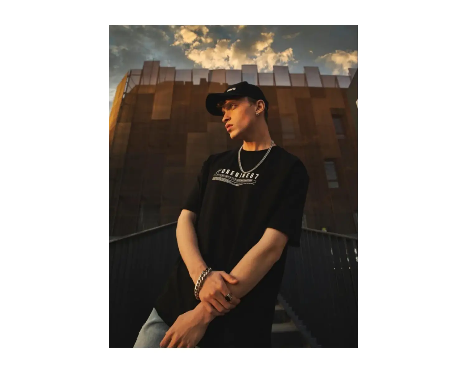 Erkek Siyah Interpol Baskılı Oversize Pamuklu Bisiklet Yaka T-shirt