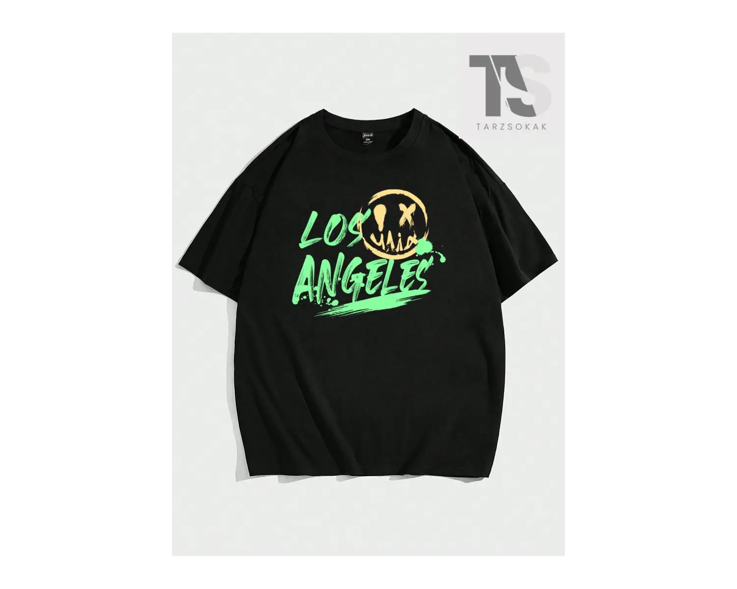 Erkek Siyah Örme Oversize Graffiti Baskılı Yuvarlak Yaka Tişört