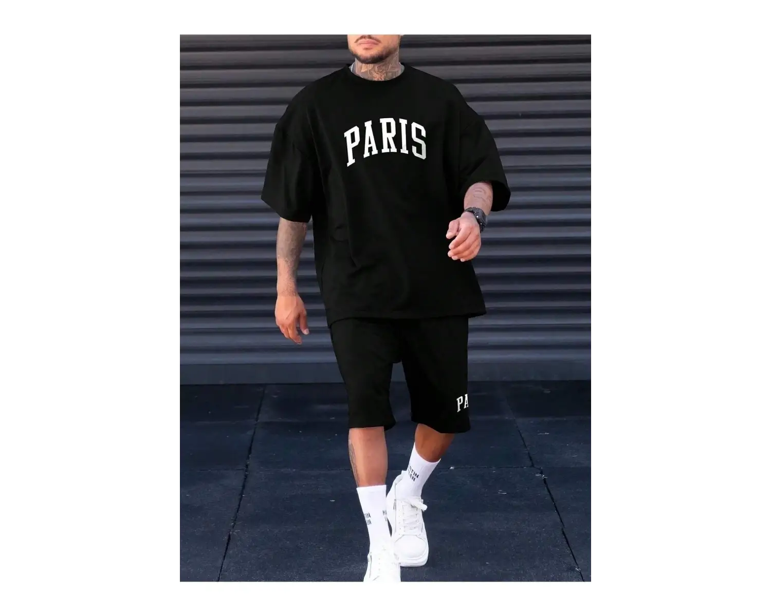 Erkek Siyah Paris Baskılı Oversize Şortlu Takım TS-PARISTKM