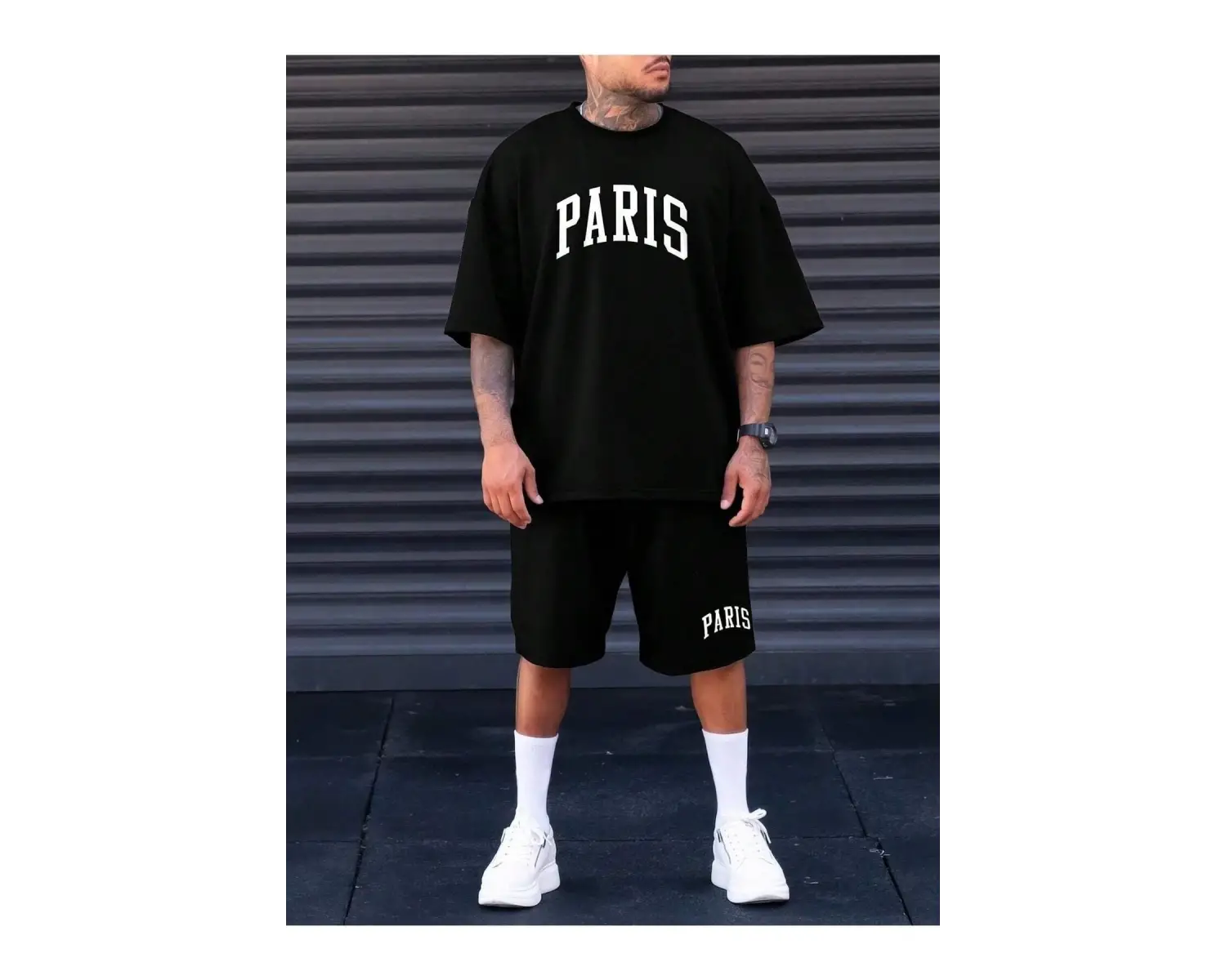 Erkek Siyah Paris Baskılı Oversize Şortlu Takım TS-PARISTKM